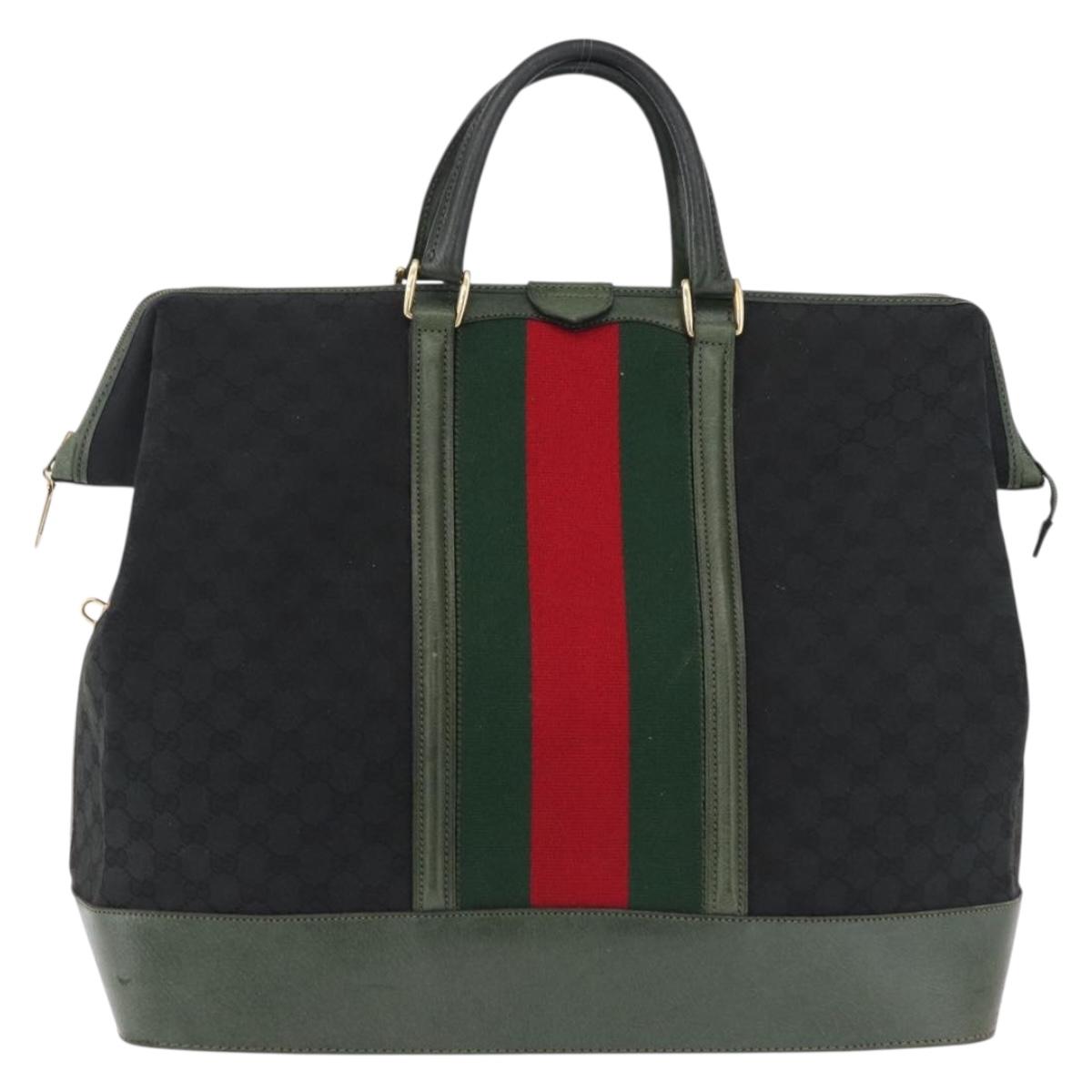 GUCCI GG Canvas Web Sherry Line Boston Bag Black Gold Auth gh2156A