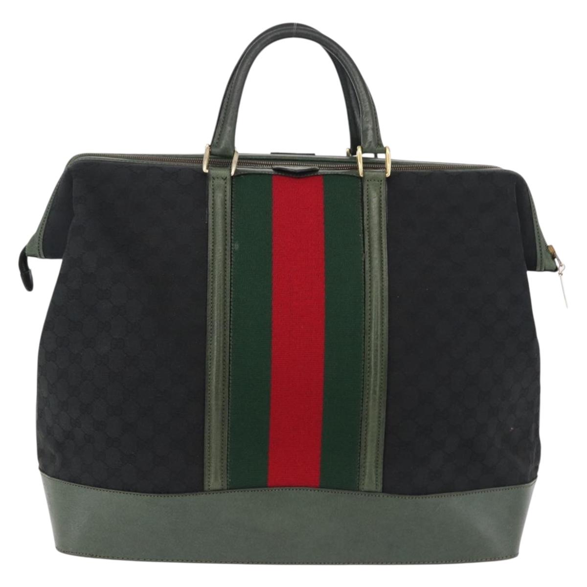 GUCCI GG Canvas Web Sherry Line Boston Bag Black Gold Auth gh2156A
