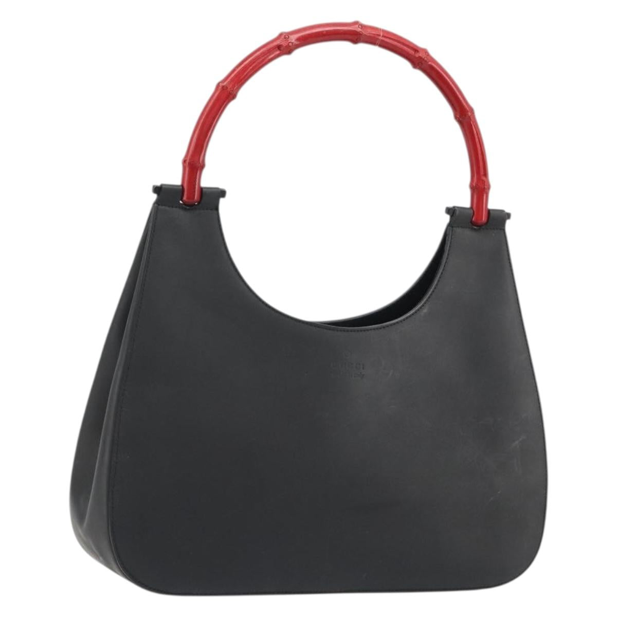 GUCCI Bamboo Hand Bag Leather Black Red Silver 001 3739 Auth gh2164A
