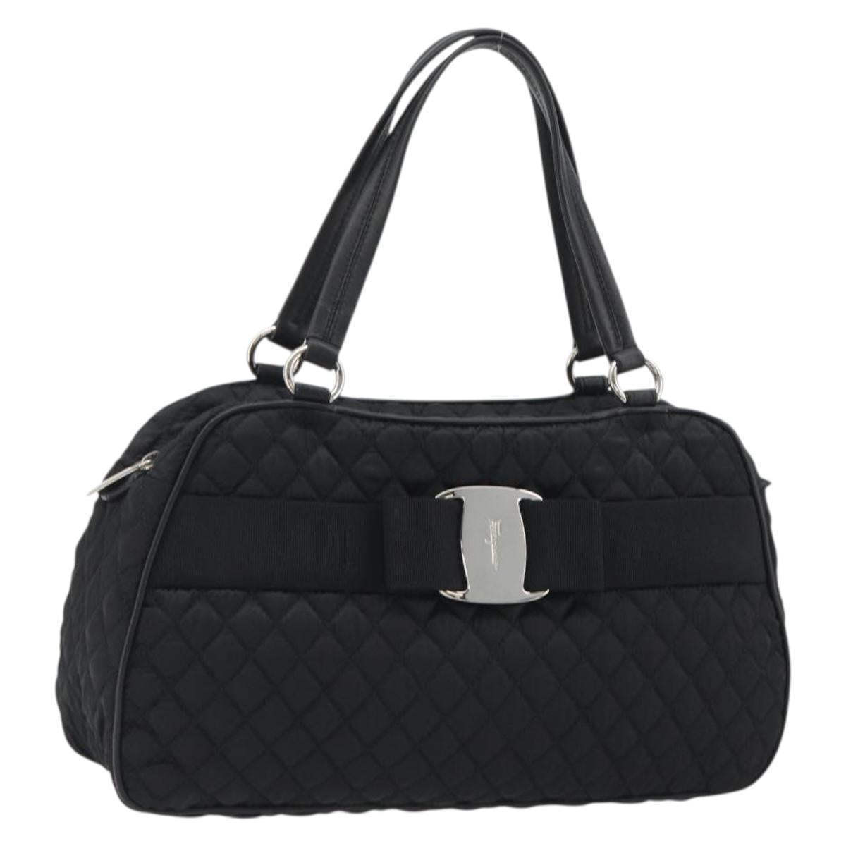 Salvatore Ferragamo Hand Bag Nylon Black Silver Auth gh2165A