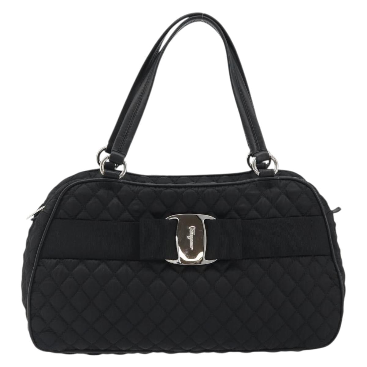Salvatore Ferragamo Hand Bag Nylon Black Silver Auth gh2165A