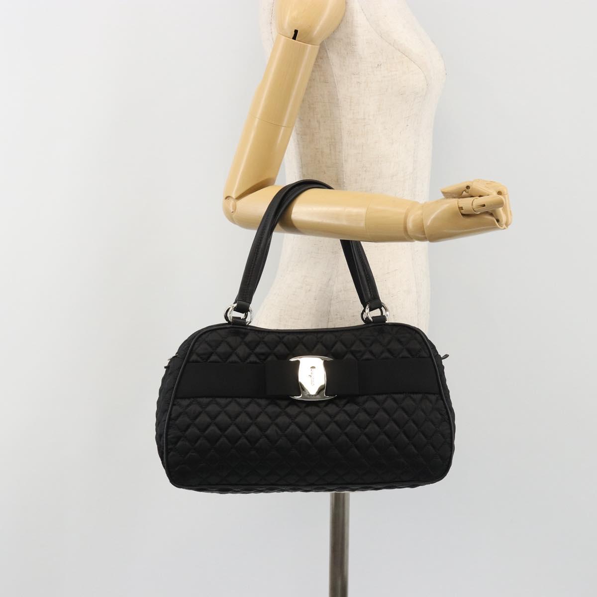 Salvatore Ferragamo Hand Bag Nylon Black Silver Auth gh2165A