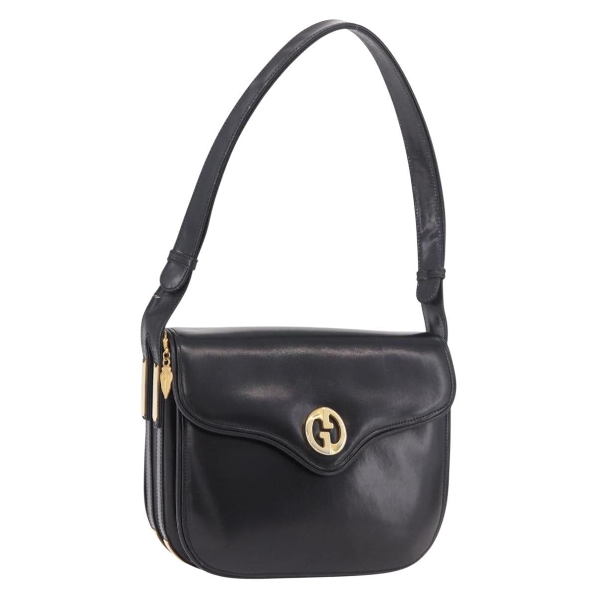 GUCCI Hand Bag Leather Black Gold Auth gh2167