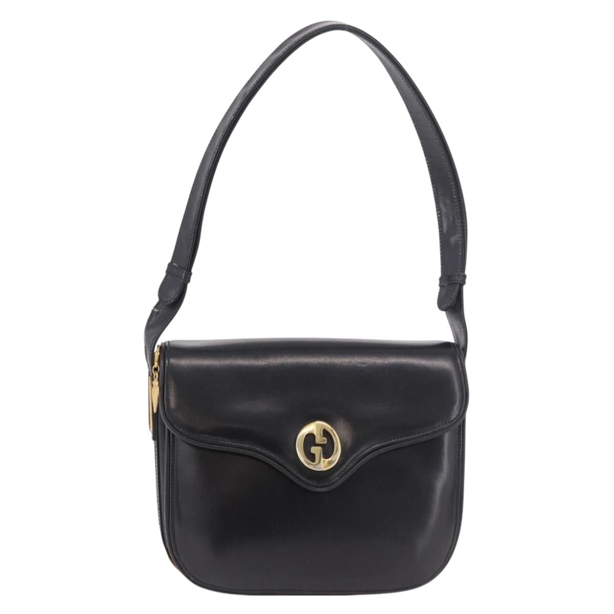GUCCI Hand Bag Leather Black Gold Auth gh2167