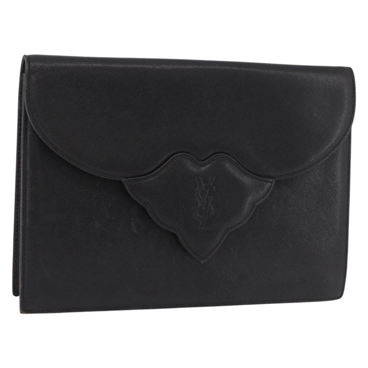 SAINT LAURENT Clutch Bag Leather Black Gold Auth gh2190