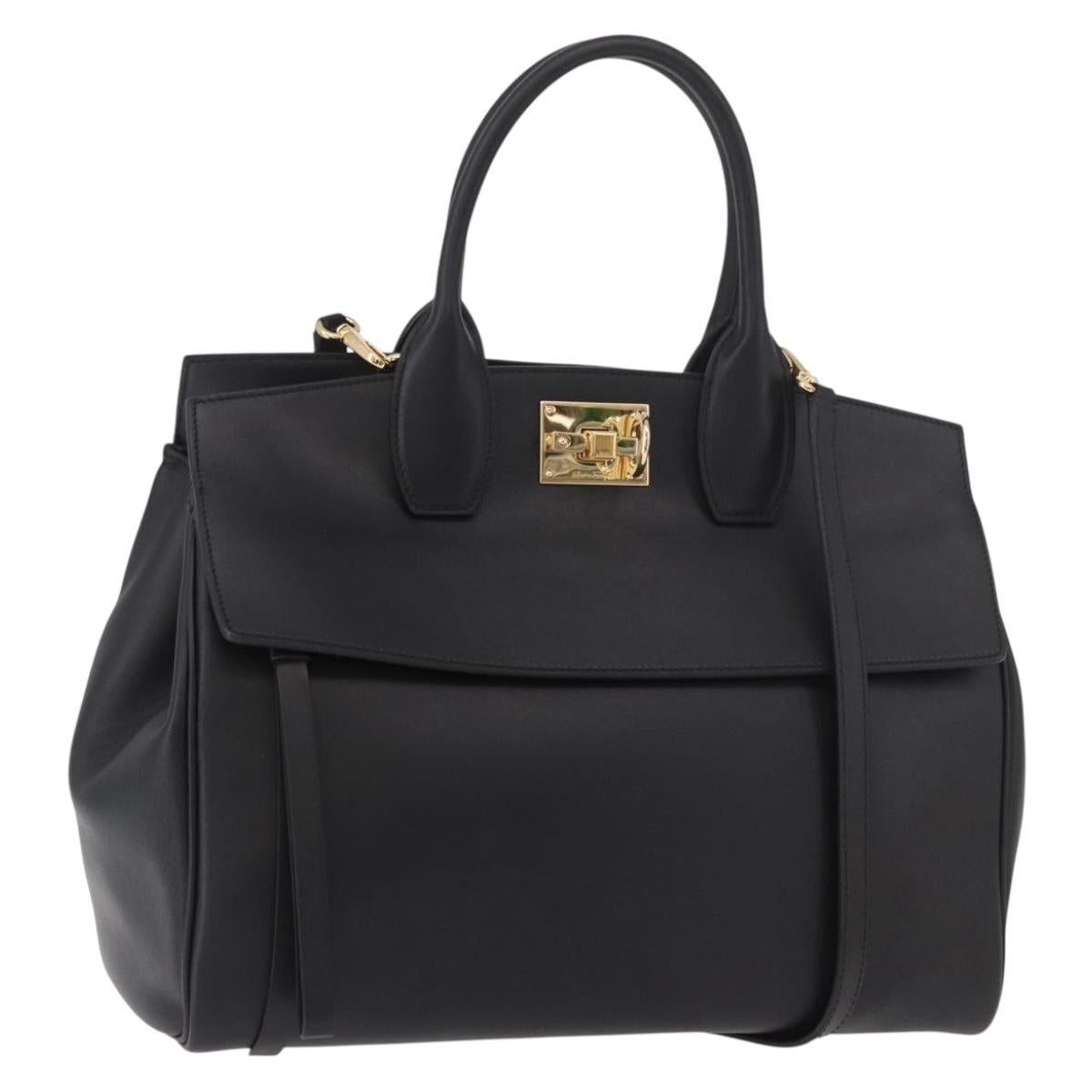 Salvatore Ferragamo Gancini Studio Bag Leather 2way Black Gold Auth gh2193V