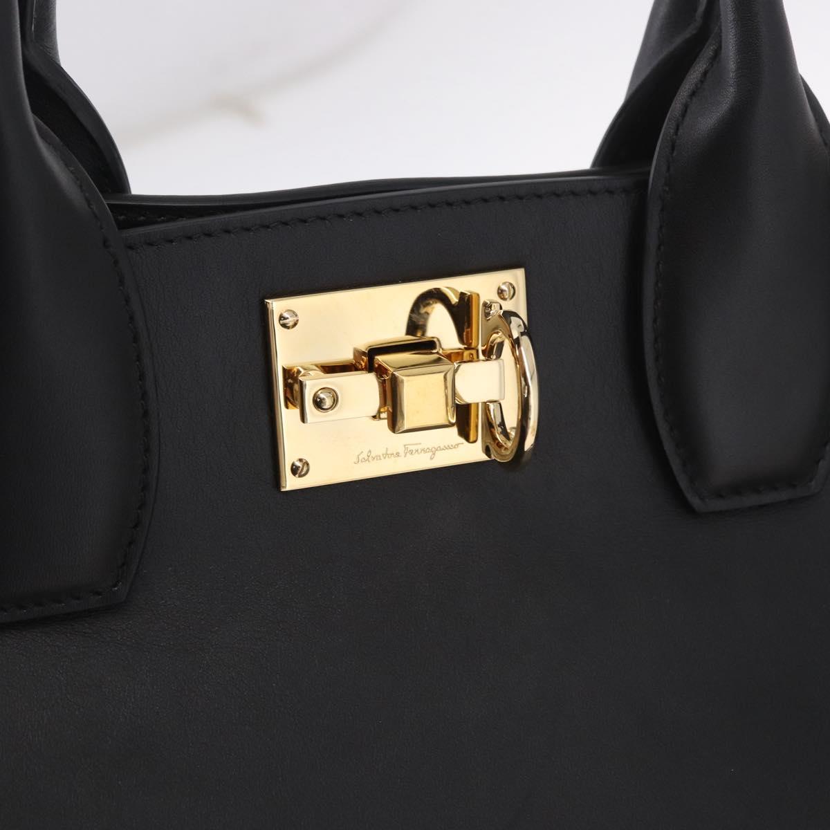 Salvatore Ferragamo Gancini Studio Bag Leather 2way Black Gold Auth gh2193V