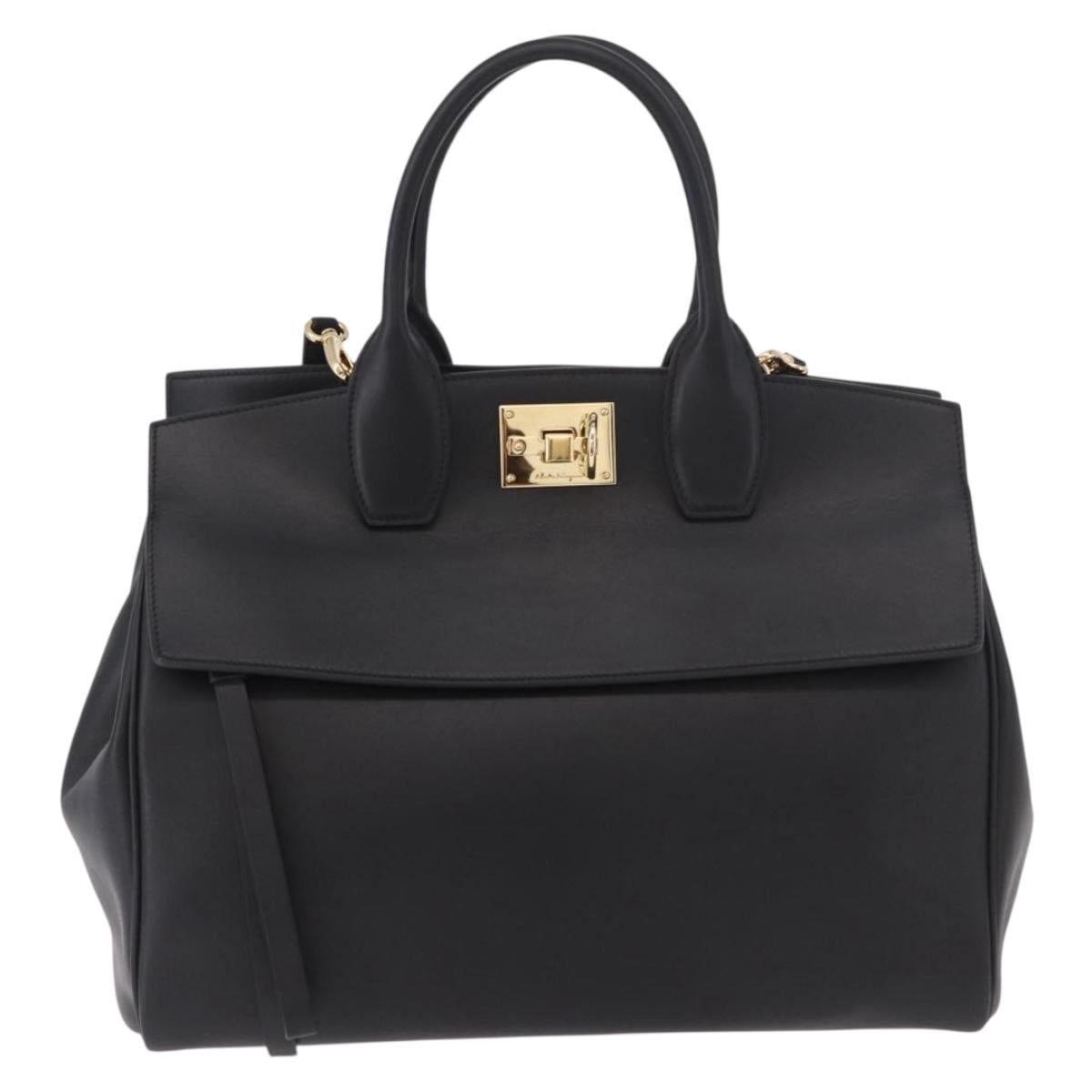 Salvatore Ferragamo Gancini Studio Bag Leather 2way Black Gold Auth gh2193V