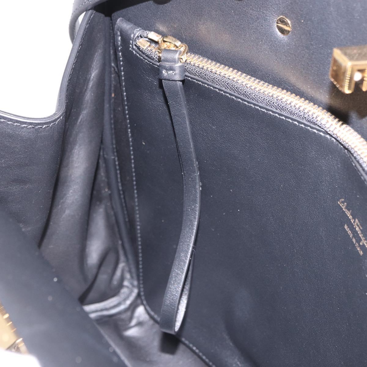 Salvatore Ferragamo Gancini Studio Bag Leather 2way Black Gold Auth gh2193V