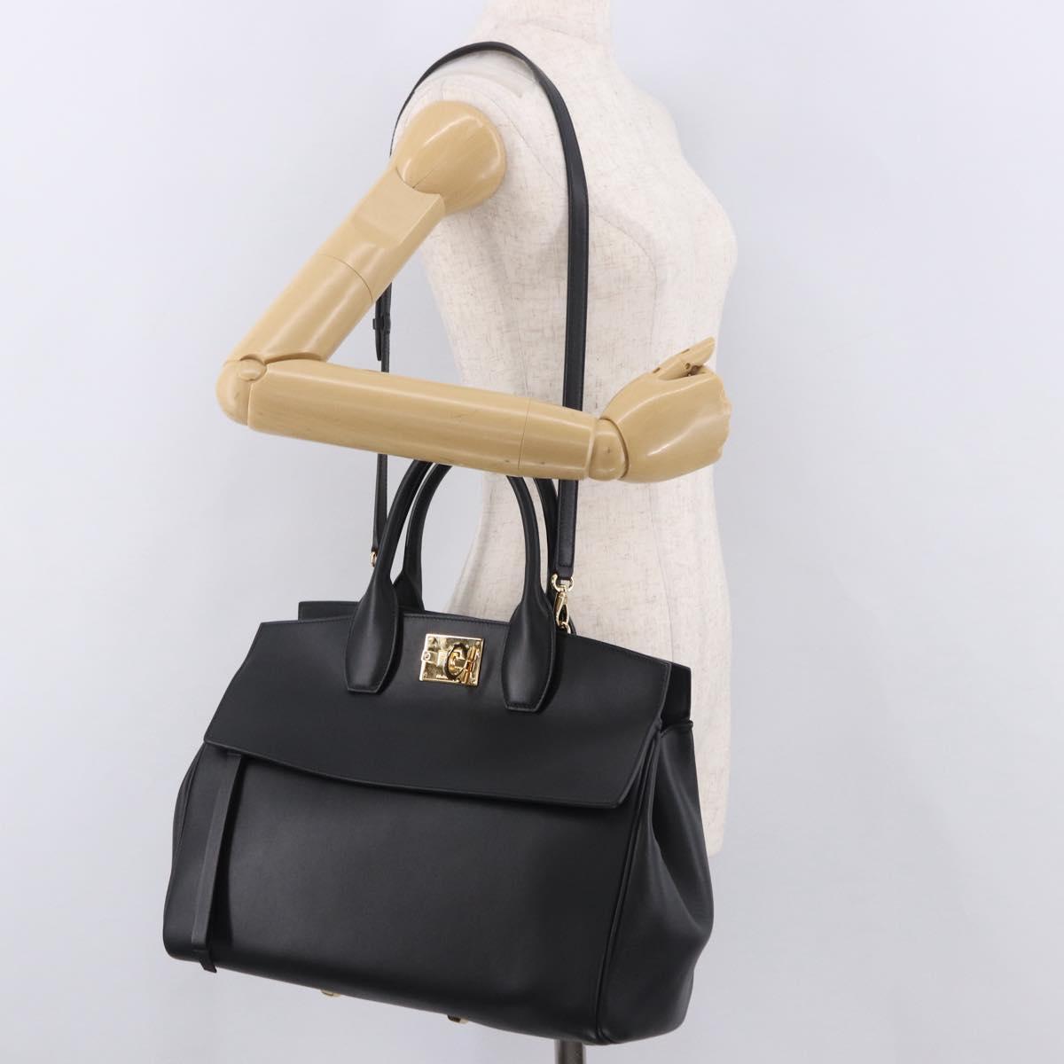 Salvatore Ferragamo Gancini Studio Bag Leather 2way Black Gold Auth gh2193V