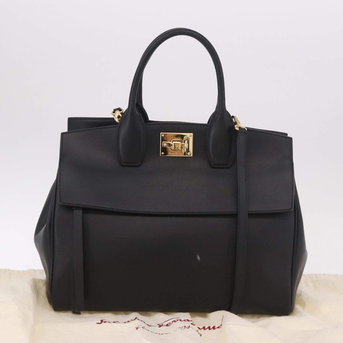 Salvatore Ferragamo Gancini Studio Bag Leather 2way Black Gold Auth gh2193V