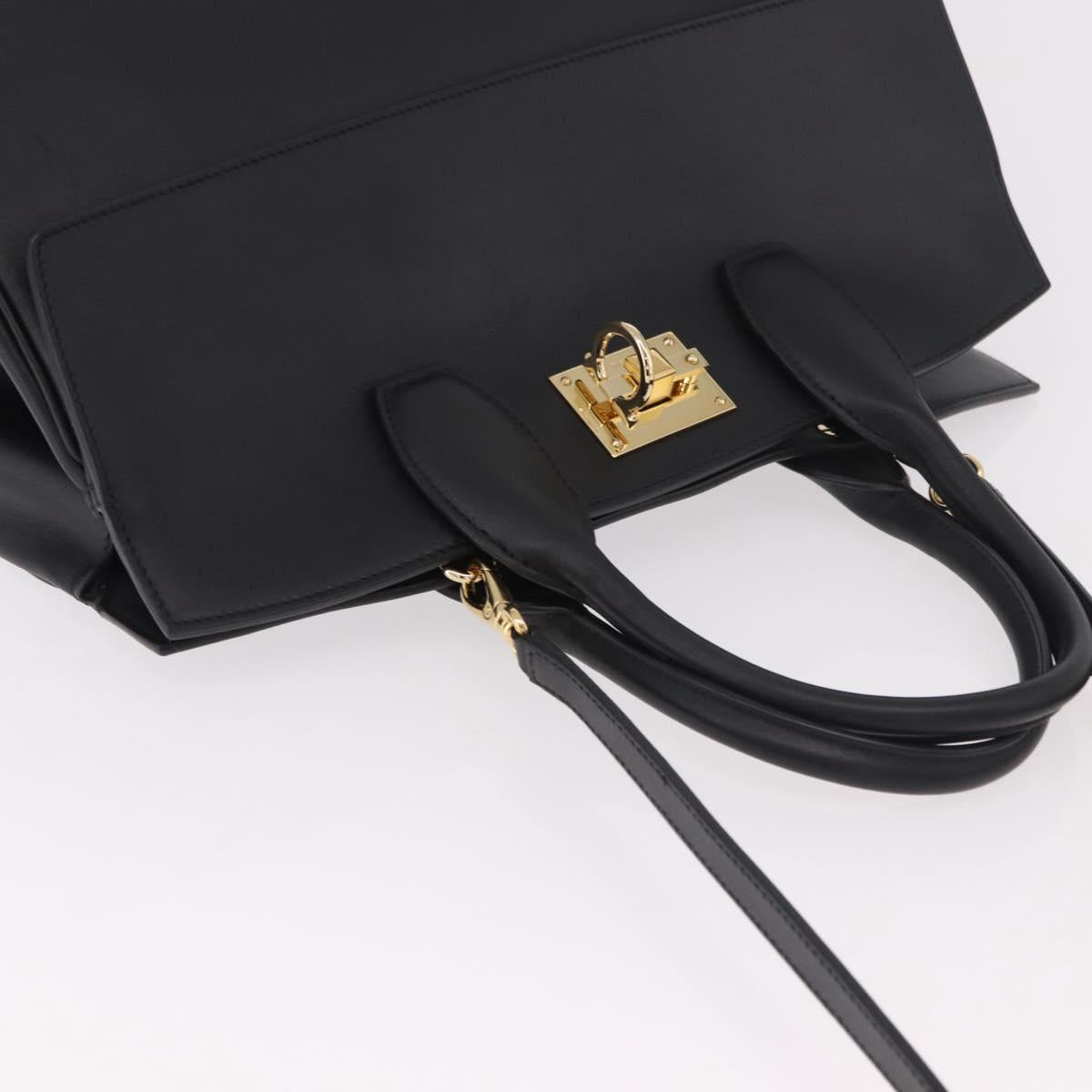 Salvatore Ferragamo Gancini Studio Bag Leather 2way Black Gold Auth gh2193V