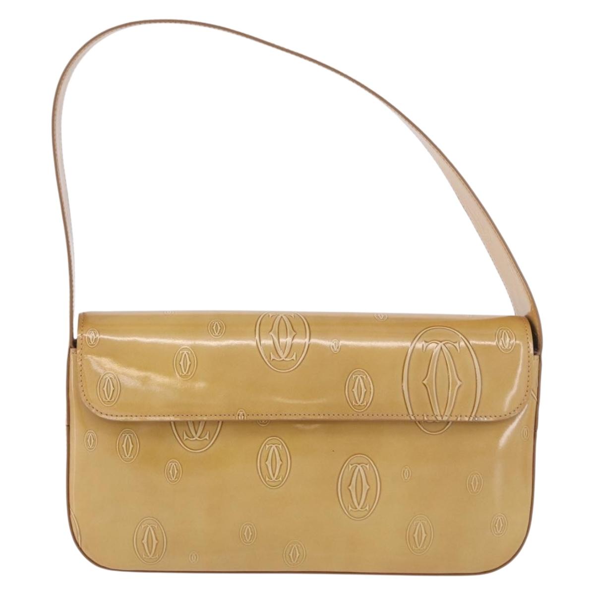 CARTIER Hand Bag Patent leather Beige Silver Auth gh2196A