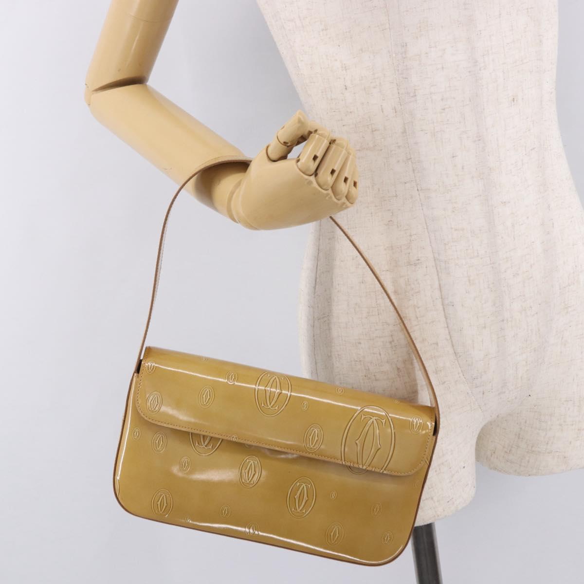 CARTIER Hand Bag Patent leather Beige Silver Auth gh2196A
