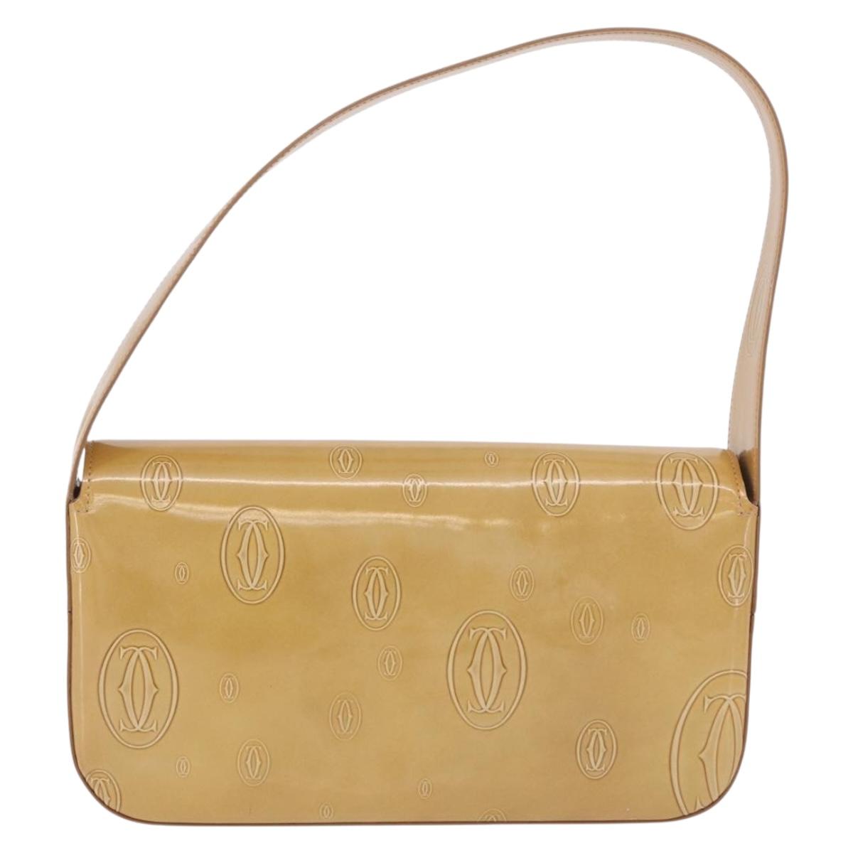 CARTIER Hand Bag Patent leather Beige Silver Auth gh2196A