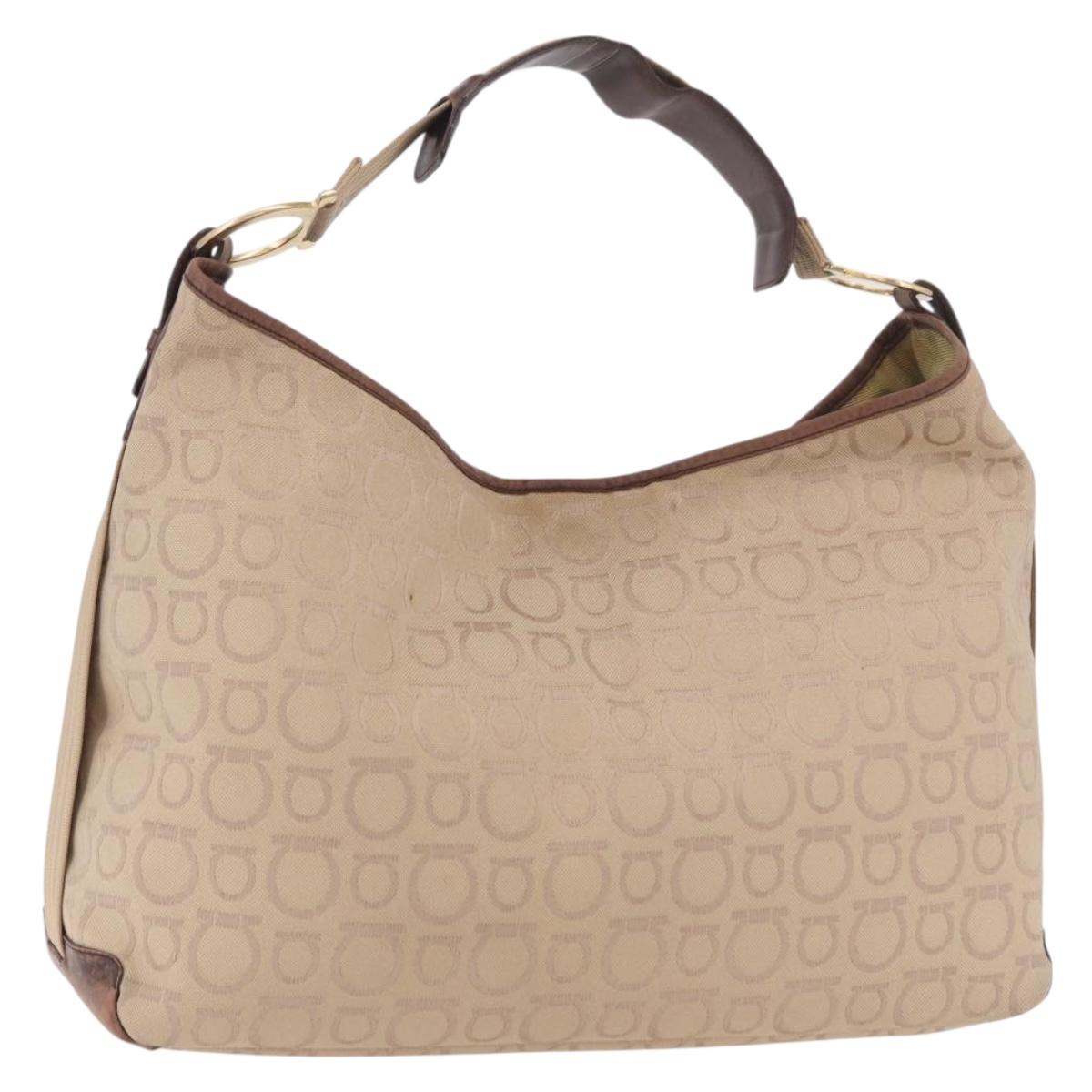 Salvatore Ferragamo Gancini Shoulder Bag Canvas Beige Gold Auth gh2197