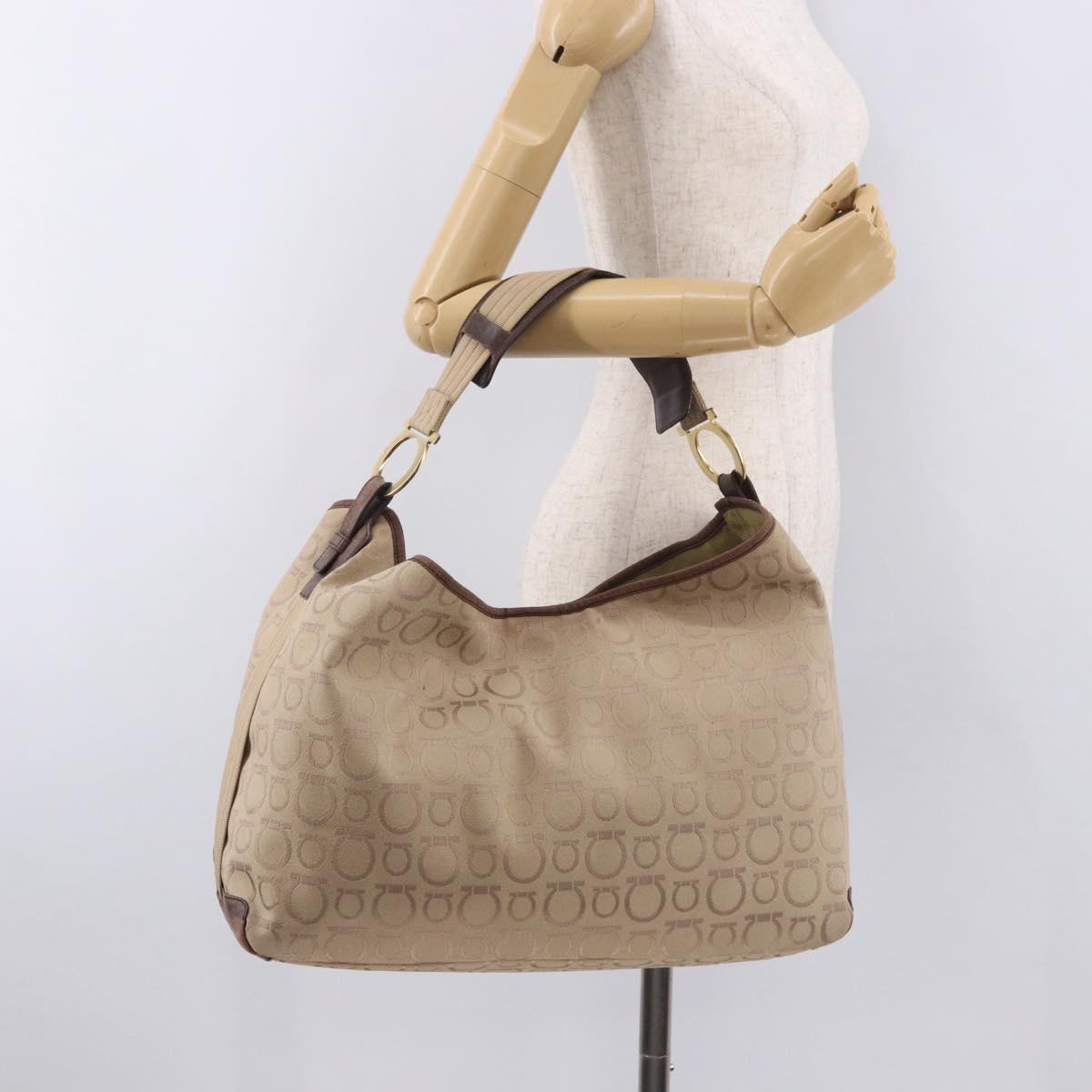 Salvatore Ferragamo Gancini Shoulder Bag Canvas Beige Gold Auth gh2197