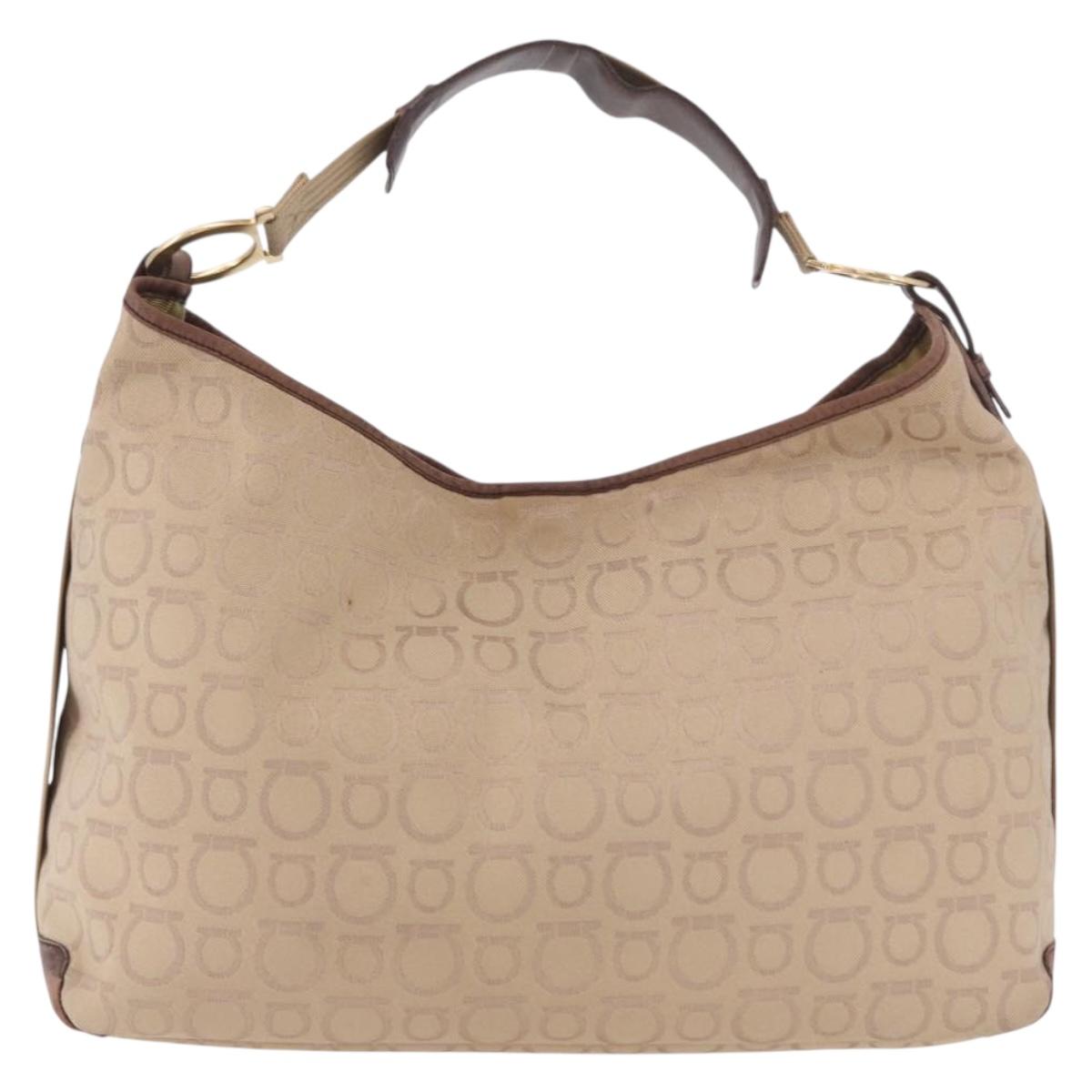 Salvatore Ferragamo Gancini Shoulder Bag Canvas Beige Gold Auth gh2197