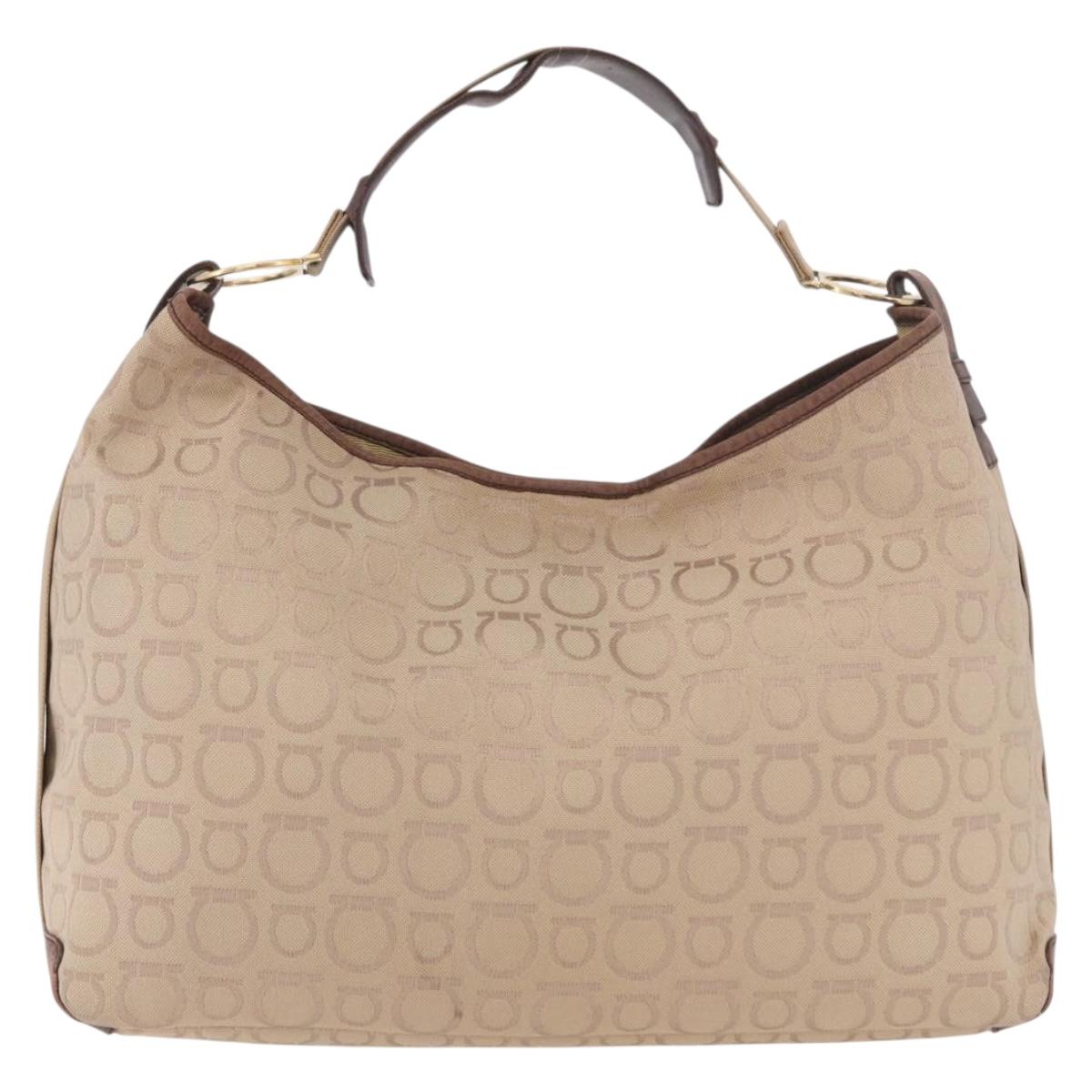 Salvatore Ferragamo Gancini Shoulder Bag Canvas Beige Gold Auth gh2197
