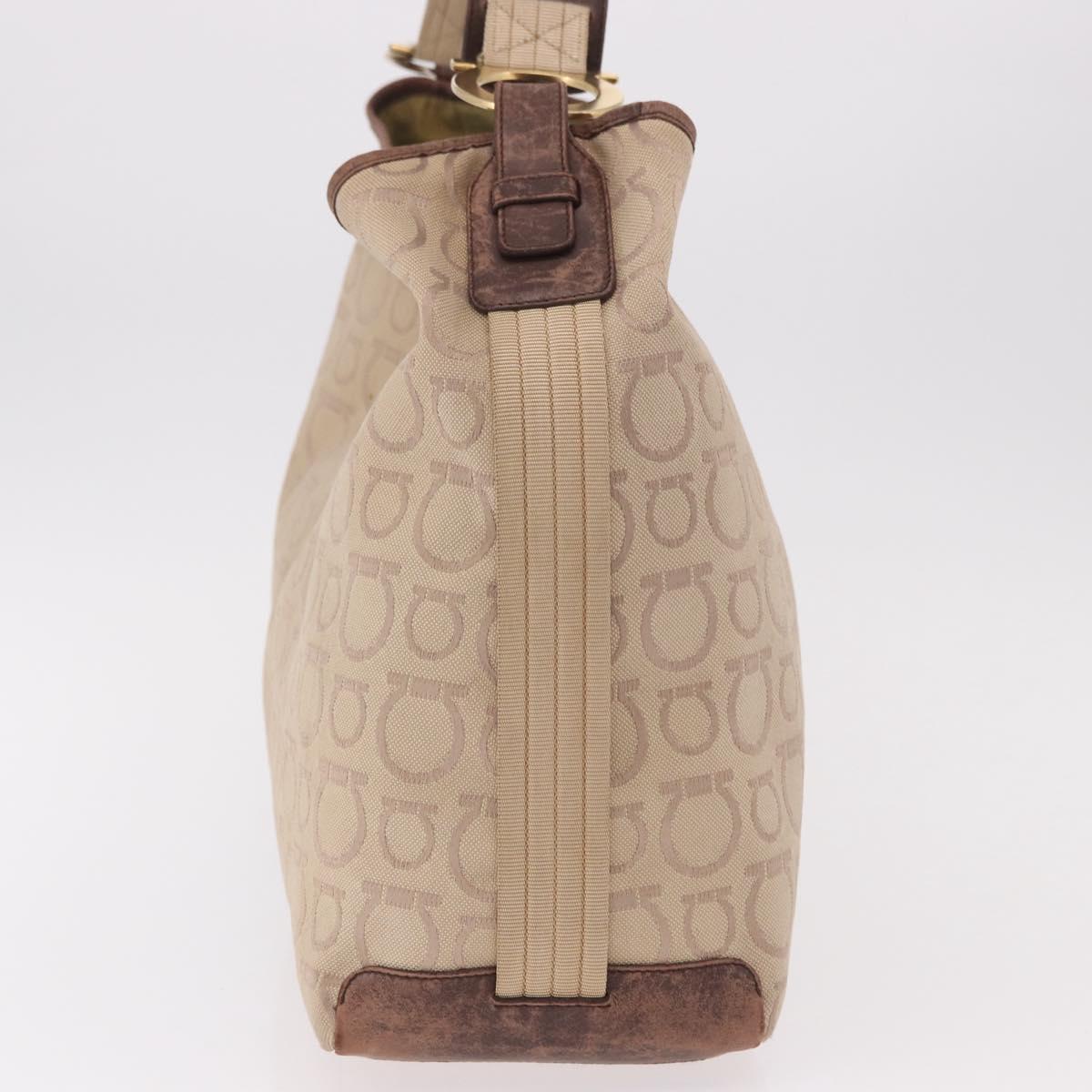 Salvatore Ferragamo Gancini Shoulder Bag Canvas Beige Gold Auth gh2197