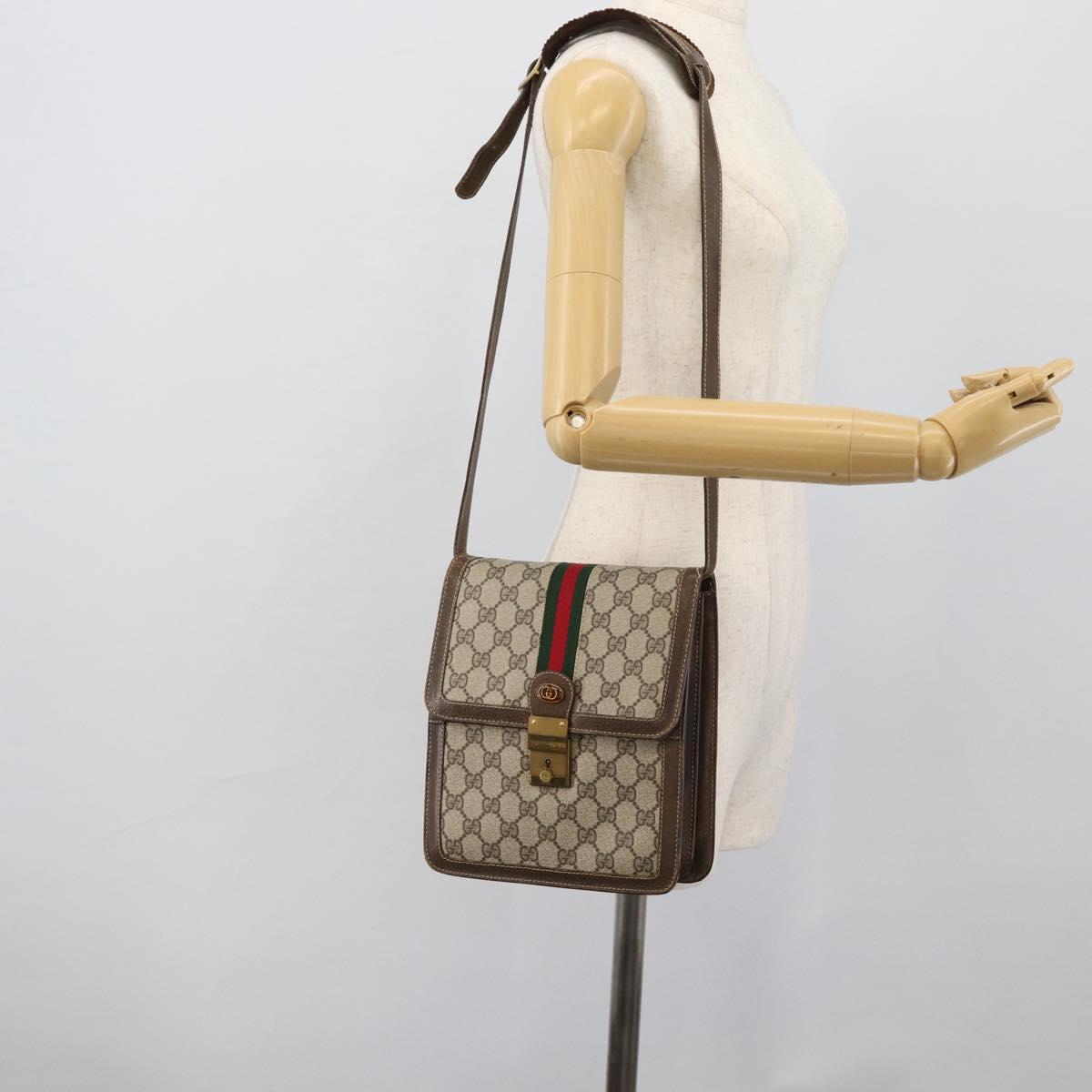 GUCCI GG Supreme Web Sherry Line Shoulder Bag PVC Beige Gold Auth gh2212
