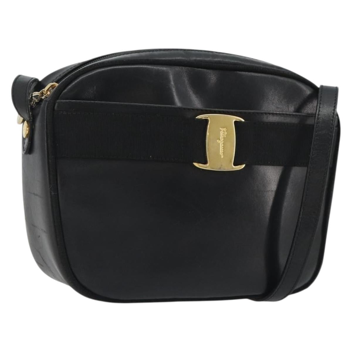 Salvatore Ferragamo Vala Shoulder Bag Leather Black Gold Auth gh2213