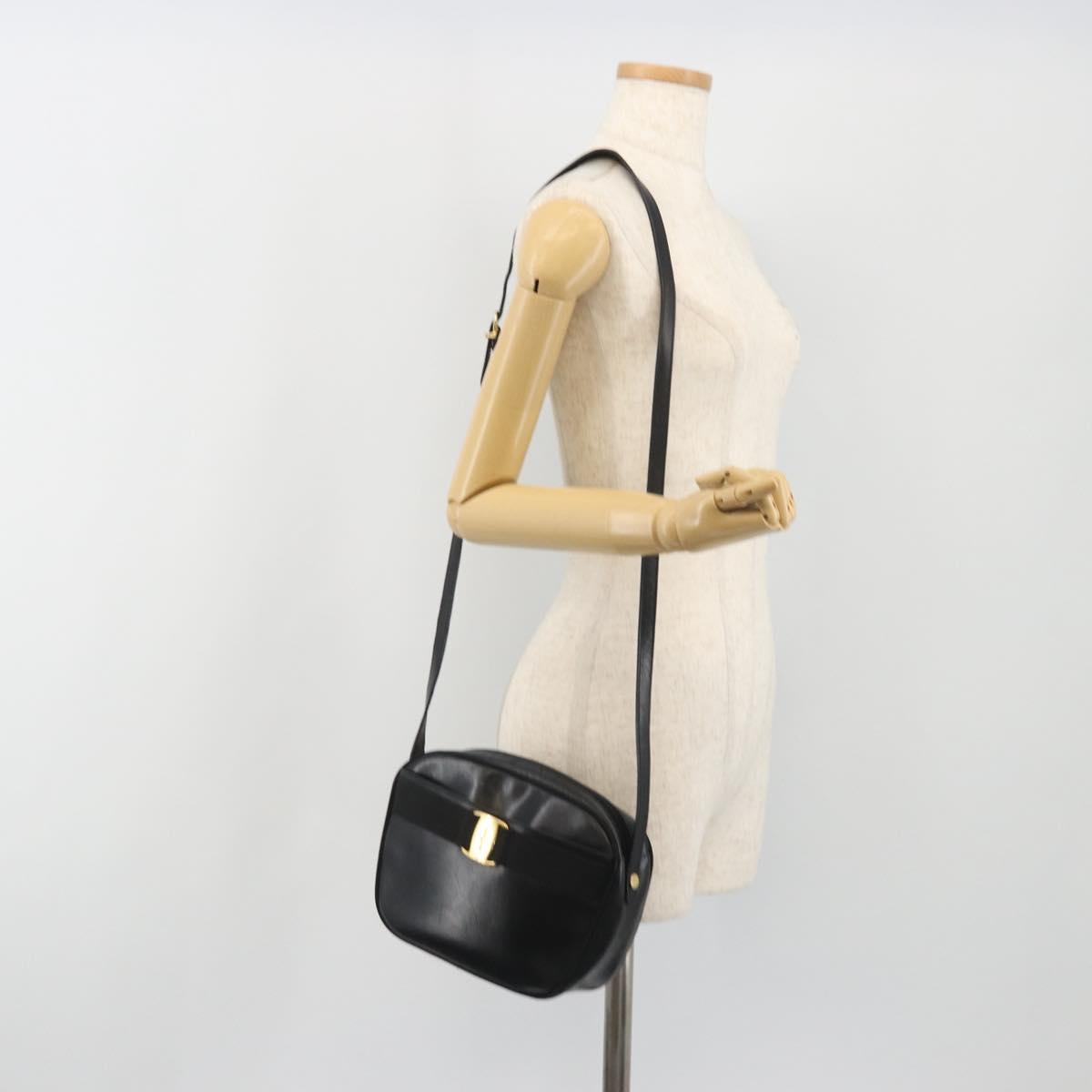 Salvatore Ferragamo Vala Shoulder Bag Leather Black Gold Auth gh2213