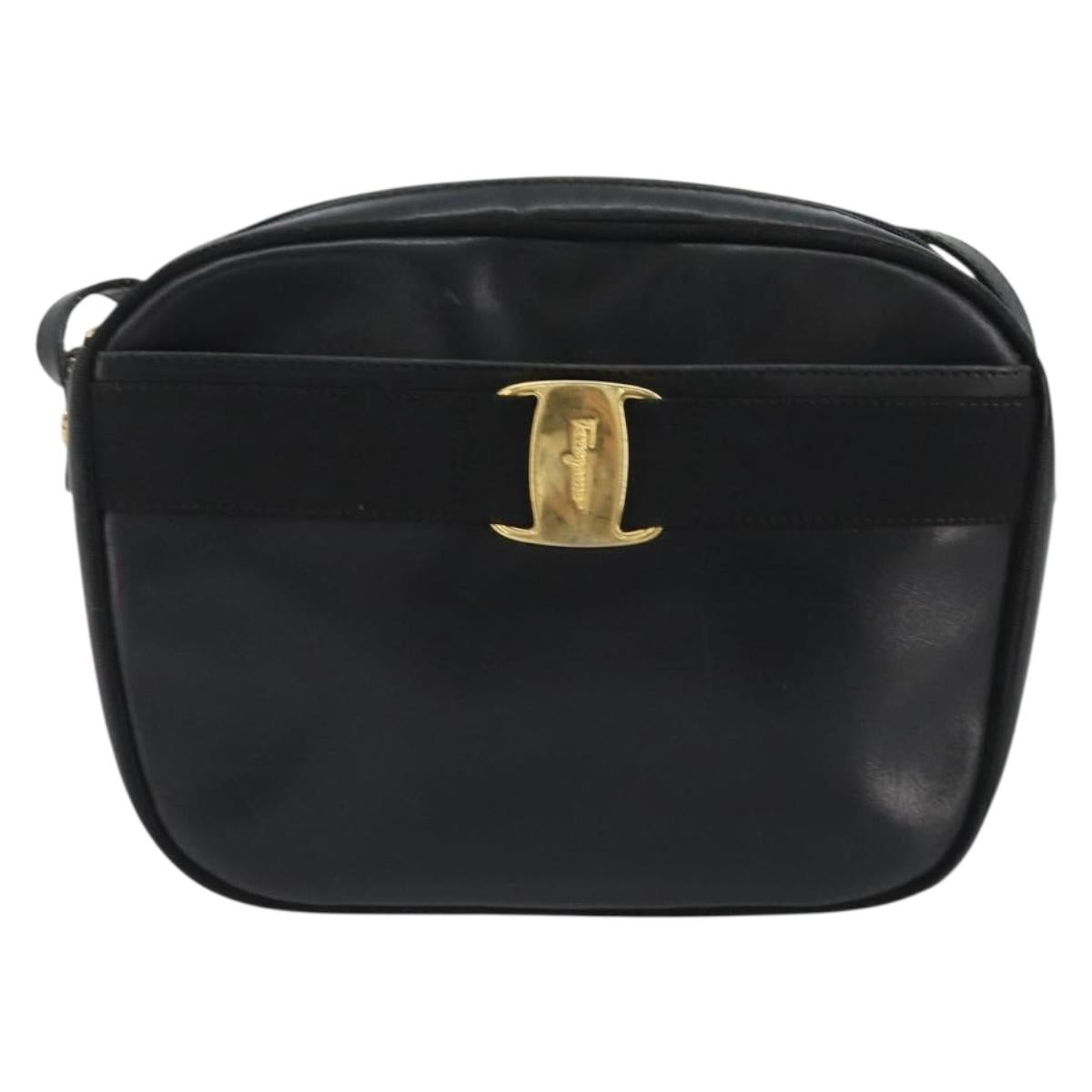 Salvatore Ferragamo Vala Shoulder Bag Leather Black Gold Auth gh2213