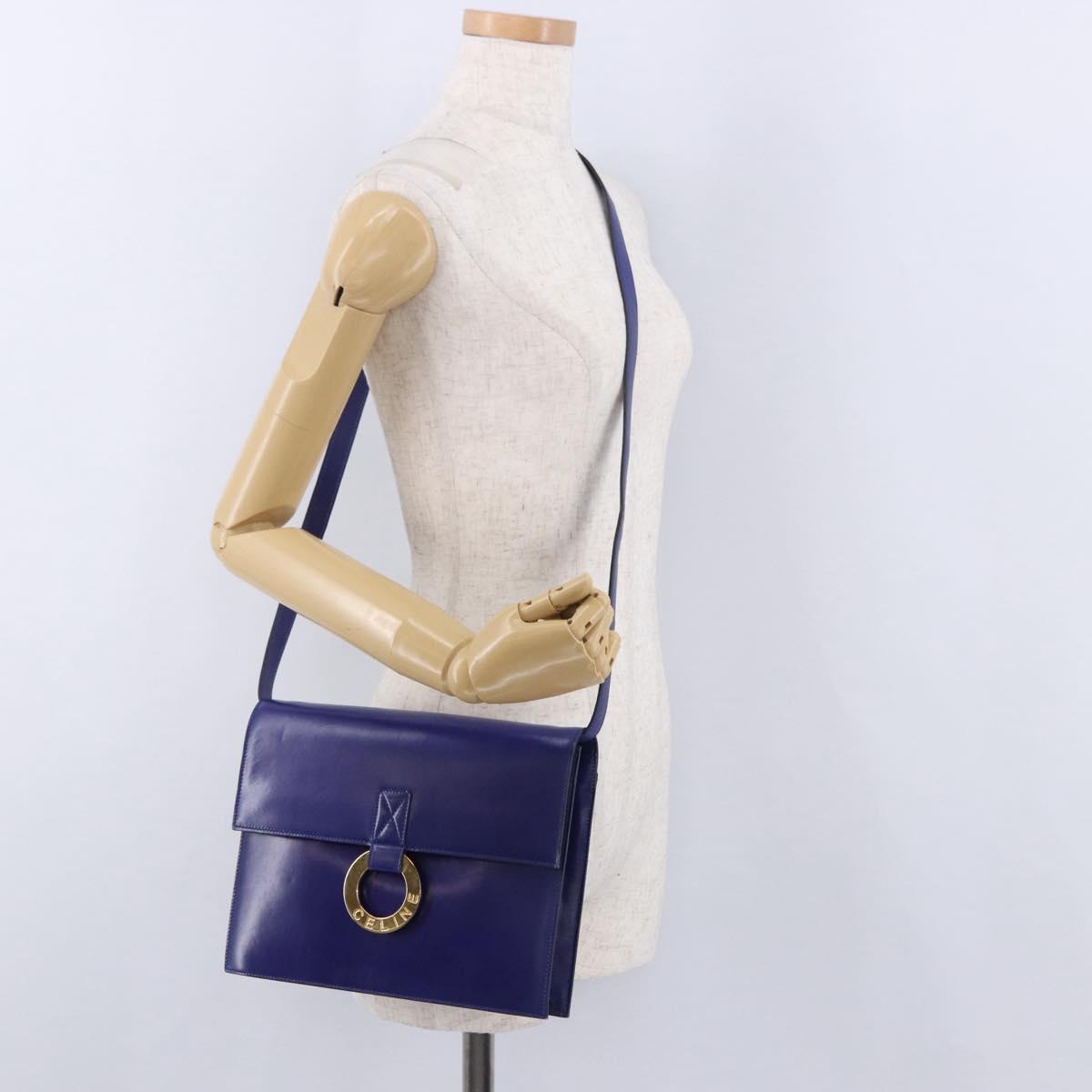 CELINE Circle Shoulder Bag Leather Blue Gold Tone Auth gh2238
