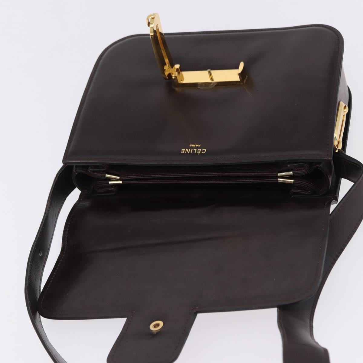 CELINE Shoulder Bag Leather Dark Brown Gold Tone Auth gh2239