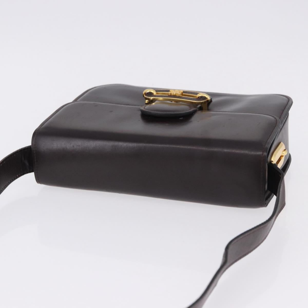CELINE Shoulder Bag Leather Dark Brown Gold Tone Auth gh2239