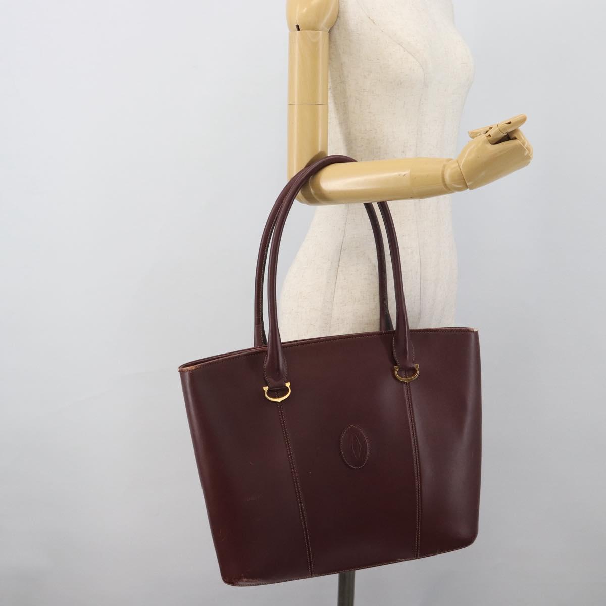 CARTIER Must Line Tote Bag Leather Bordeaux Gold Tone Auth gh2242