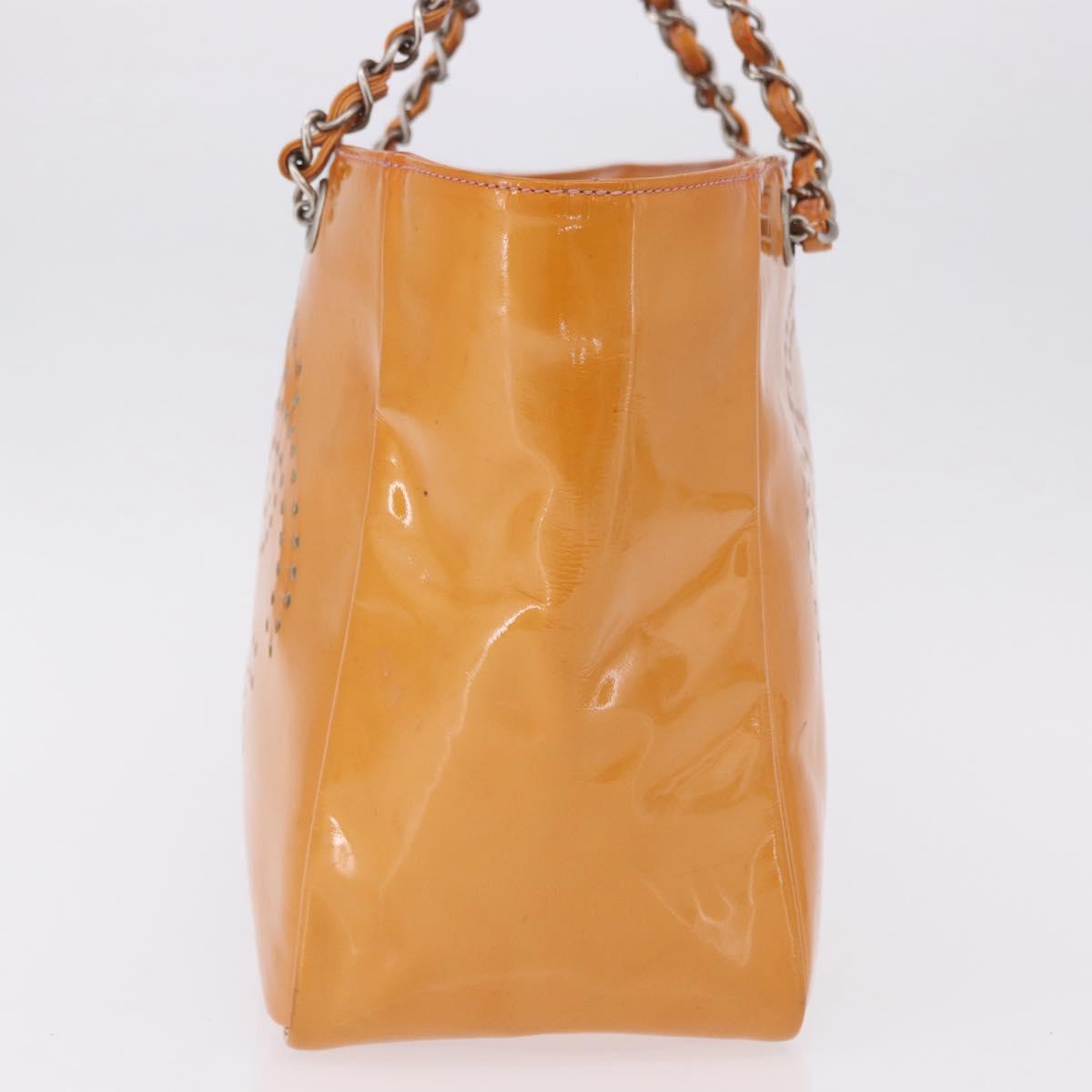CHANEL Chain Tote Bag Patent Orange Silver CC Auth gh2250