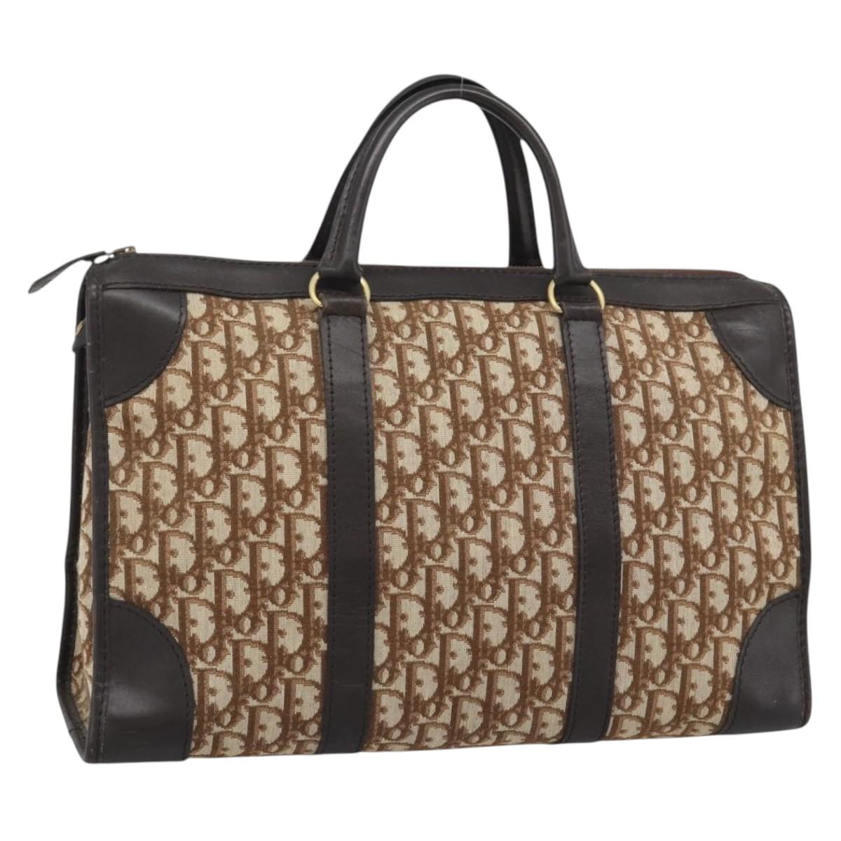Christian Dior Trotter Canvas Boston Bag Beige Gold Tone Auth gh2254