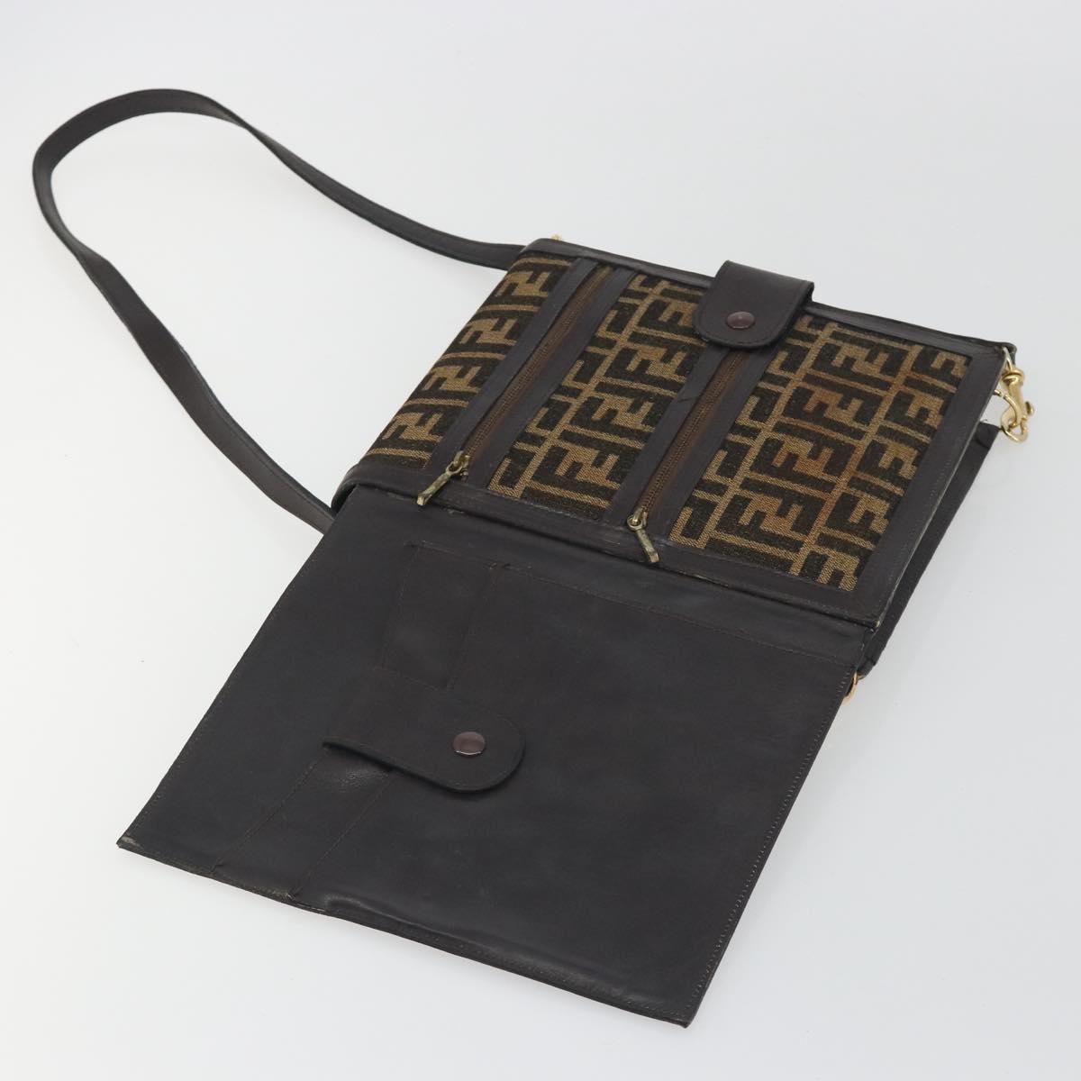 FENDI Zucca Canvas Shoulder Bag Brown Gold Tone Auth gh2256