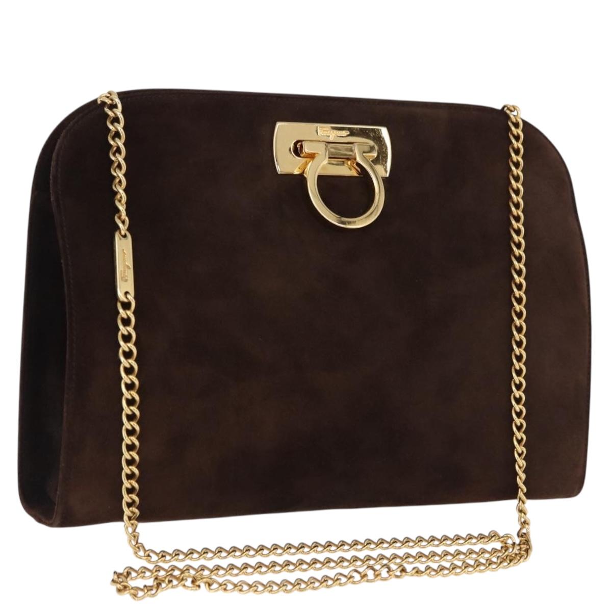 Salvatore Ferragamo Gancini Chain Shoulder Bag Suede Brown Gold Tone Auth gh2265