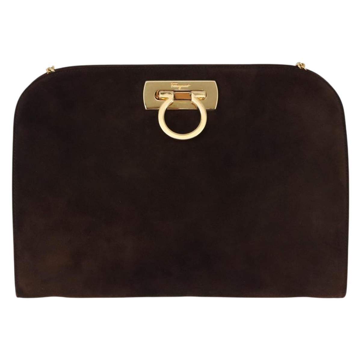 Salvatore Ferragamo Gancini Chain Shoulder Bag Suede Brown Gold Tone Auth gh2265