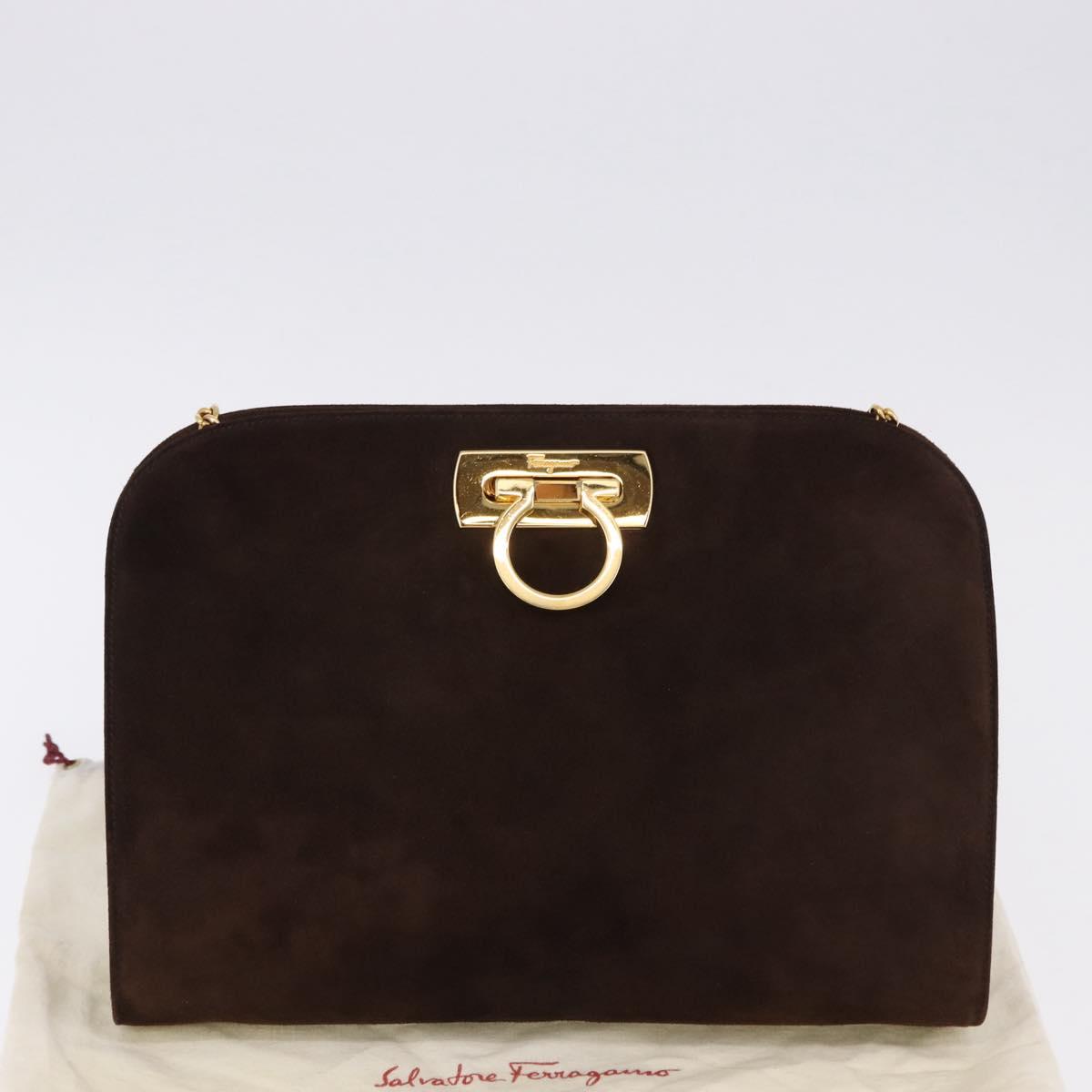Salvatore Ferragamo Gancini Chain Shoulder Bag Suede Brown Gold Tone Auth gh2265