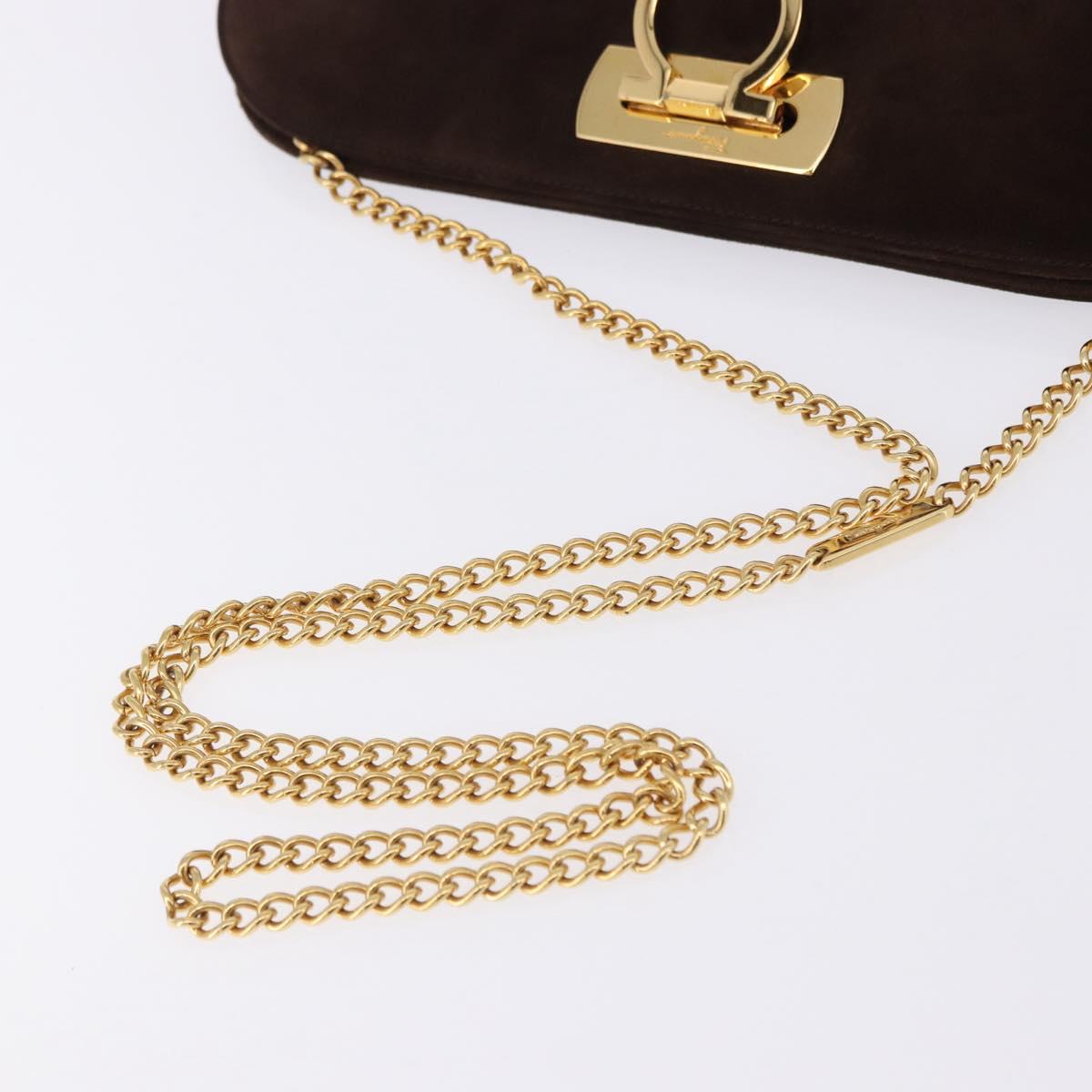 Salvatore Ferragamo Gancini Chain Shoulder Bag Suede Brown Gold Tone Auth gh2265
