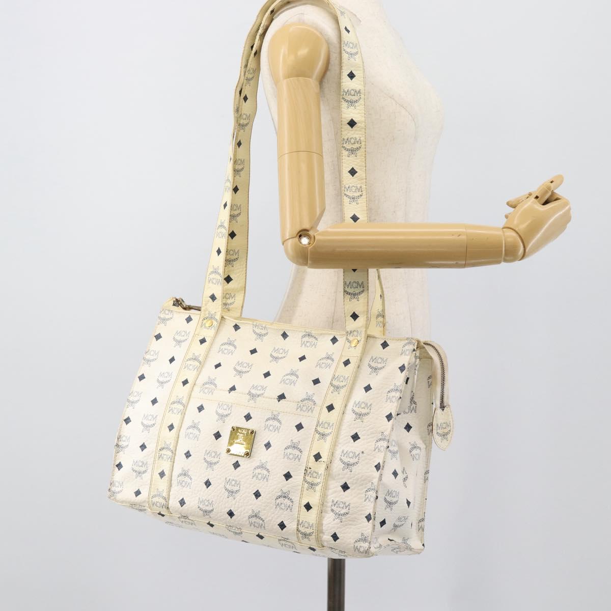 MCM Vicetos Tote Bag PVC Leather White Gold Tone Auth gh2274
