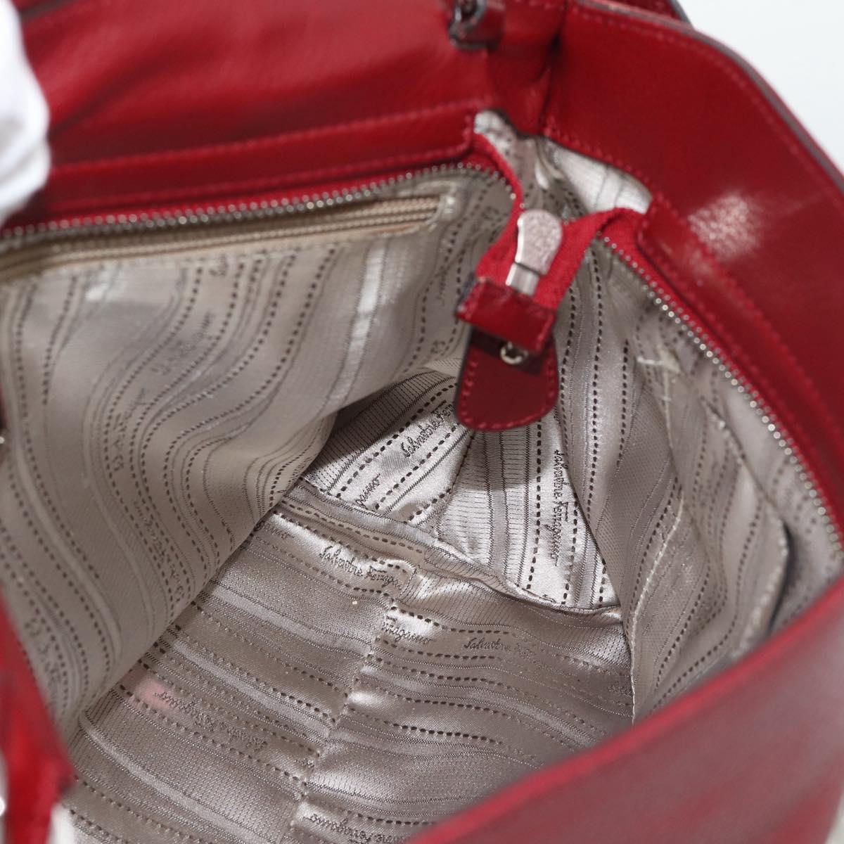 Salvatore Ferragamo Gancini Hand Bag Leather 2way Red Silver Auth gh2288A