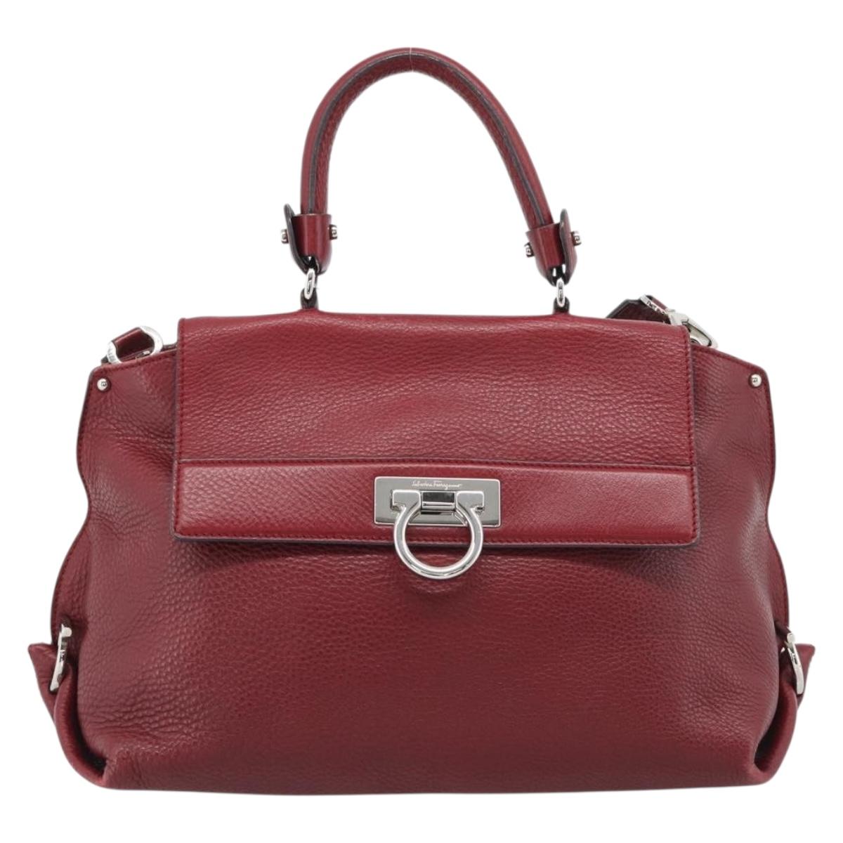 Salvatore Ferragamo Gancini Hand Bag Leather 2way Red Silver Auth gh2288A