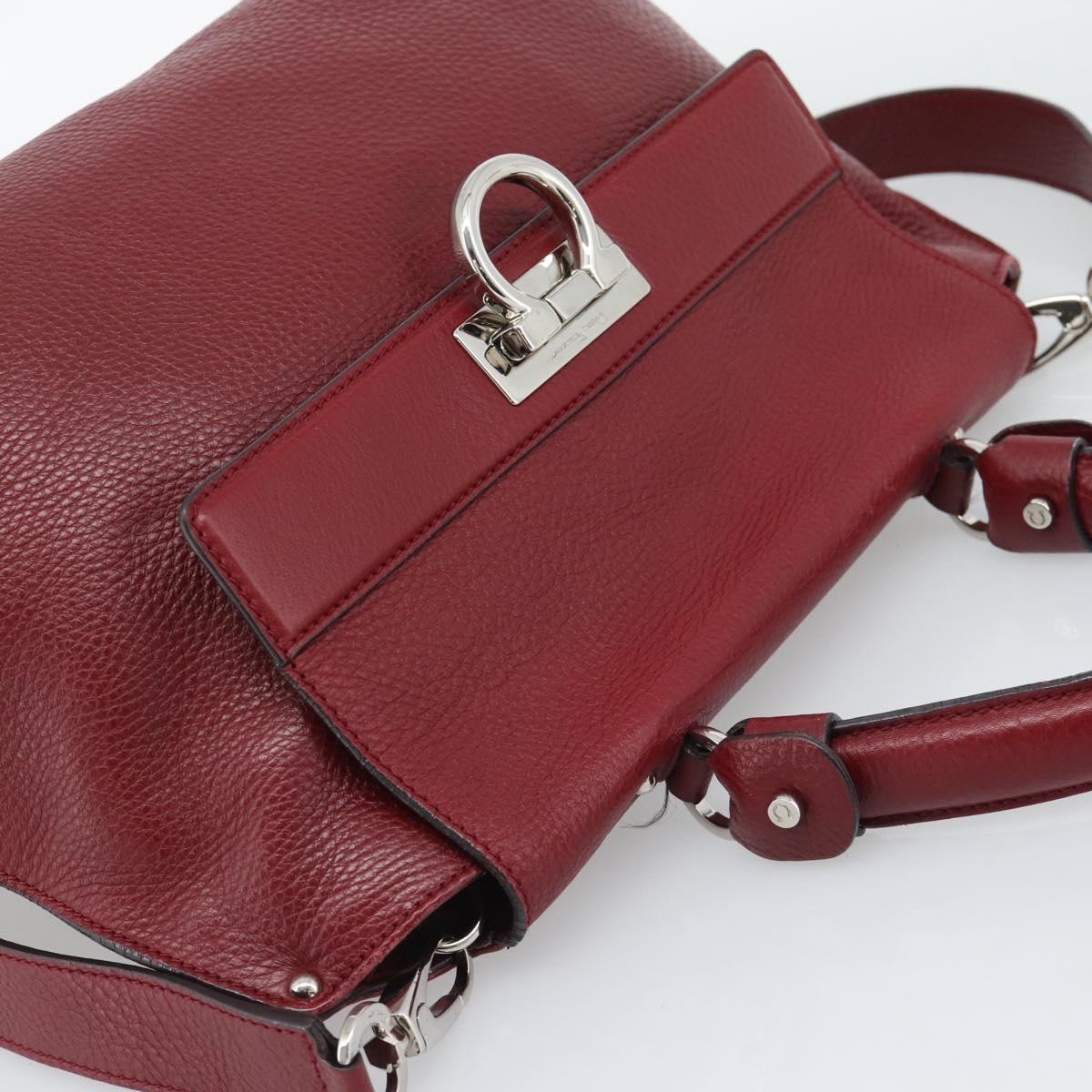 Salvatore Ferragamo Gancini Hand Bag Leather 2way Red Silver Auth gh2288A