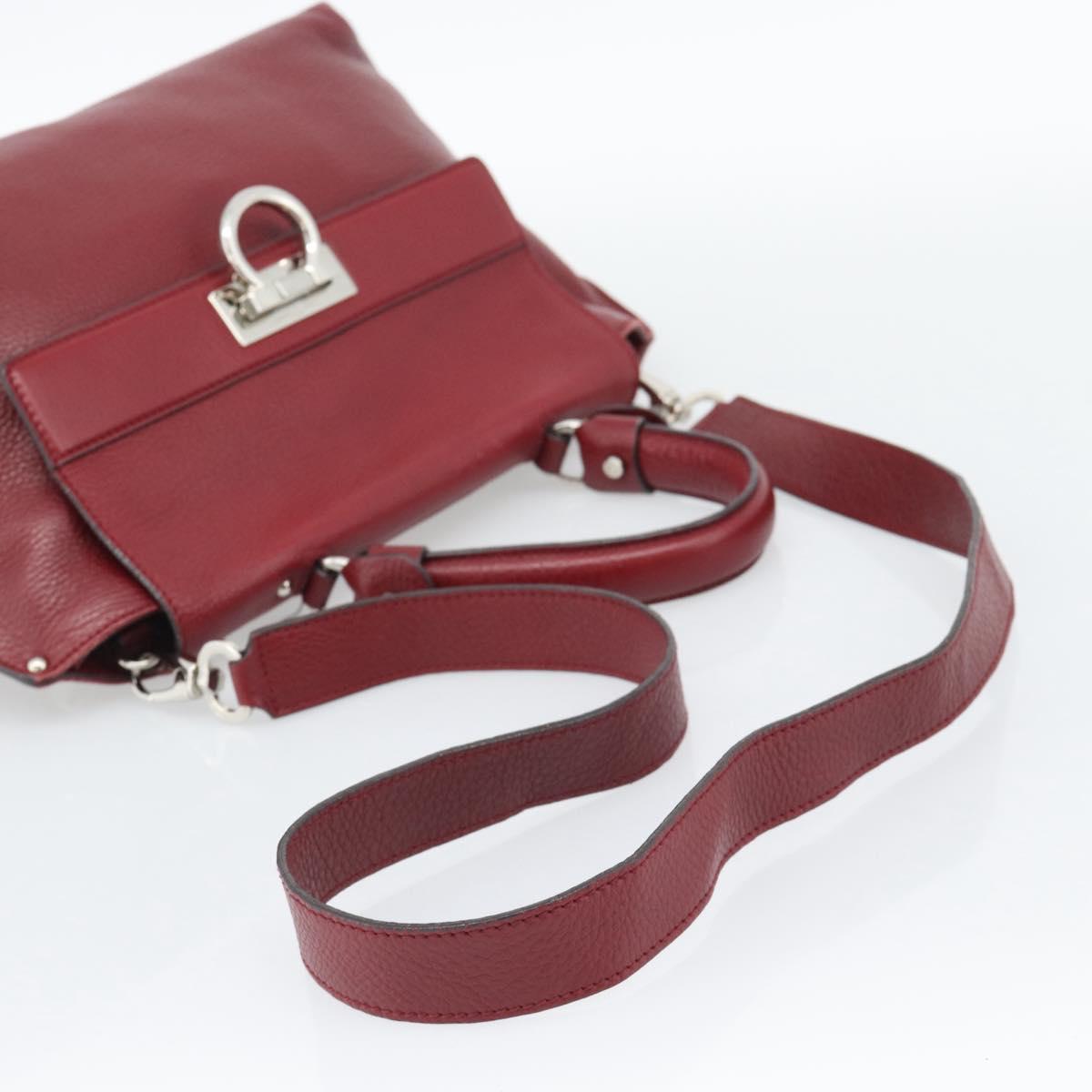 Salvatore Ferragamo Gancini Hand Bag Leather 2way Red Silver Auth gh2288A