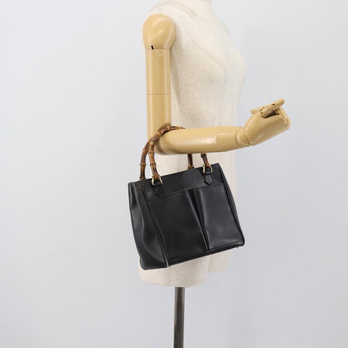 GUCCI Bamboo Hand Bag Leather Outlet Black Gold Tone 000 123 0316 Auth gh2298
