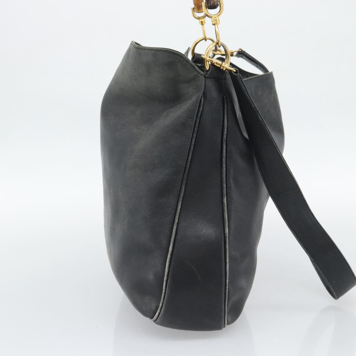 GUCCI Bamboo Hand Bag Leather 2way Black Gold Tone 001 1577 2615 Auth gh2300