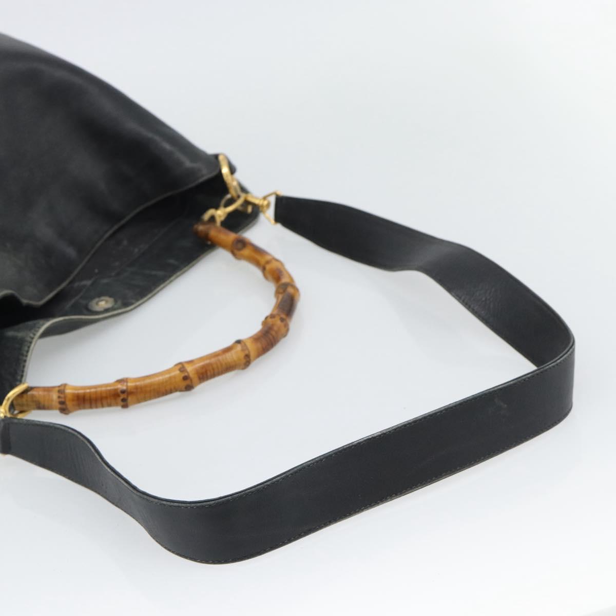 GUCCI Bamboo Hand Bag Leather 2way Black Gold Tone 001 1577 2615 Auth gh2300