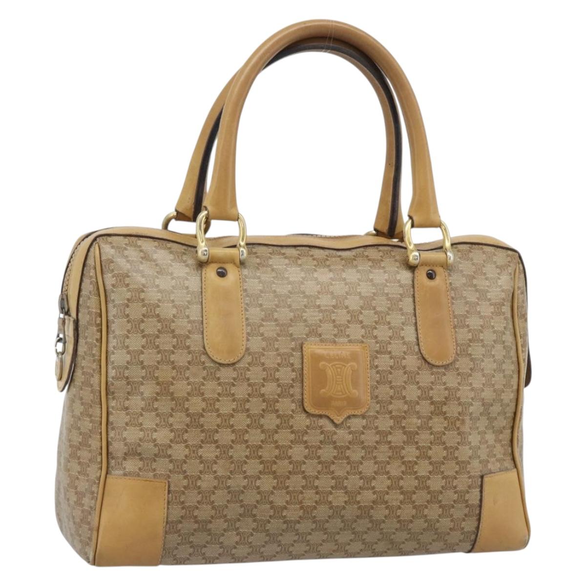 CELINE Macadam Hand Bag PVC Leather Beige Gold Tone Auth gh2301