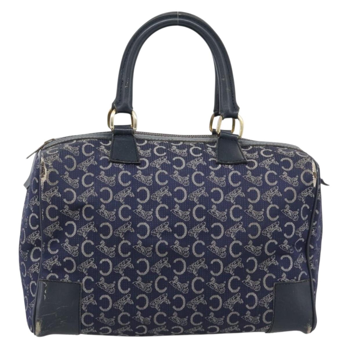 CELINE C Sulky Hand Bag Canvas Navy Gold Tone Auth gh2303