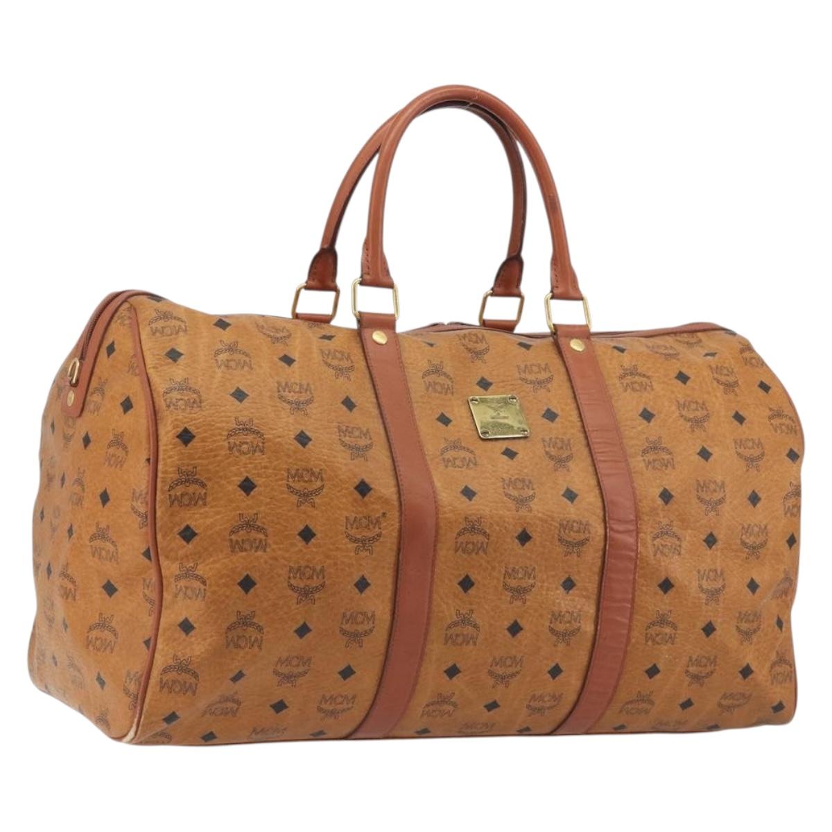 MCM Vicetos Boston Bag PVC Leather Brown Gold Tone Auth gh2312